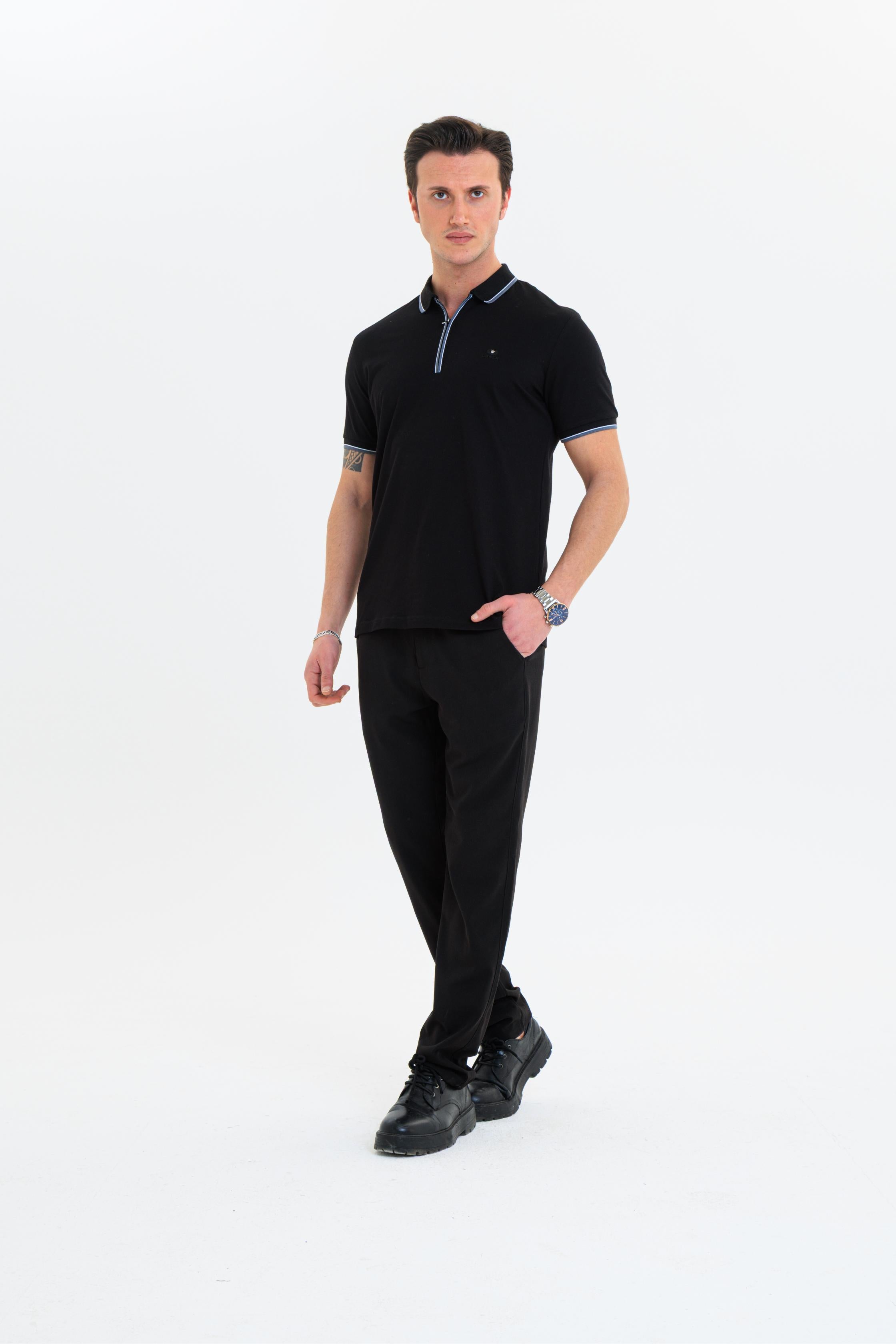 GEWER Fermuarlı Polo Yaka Erkek T-Shirt Pamuklu Siyah - Slim Fit & Pike Dokuma