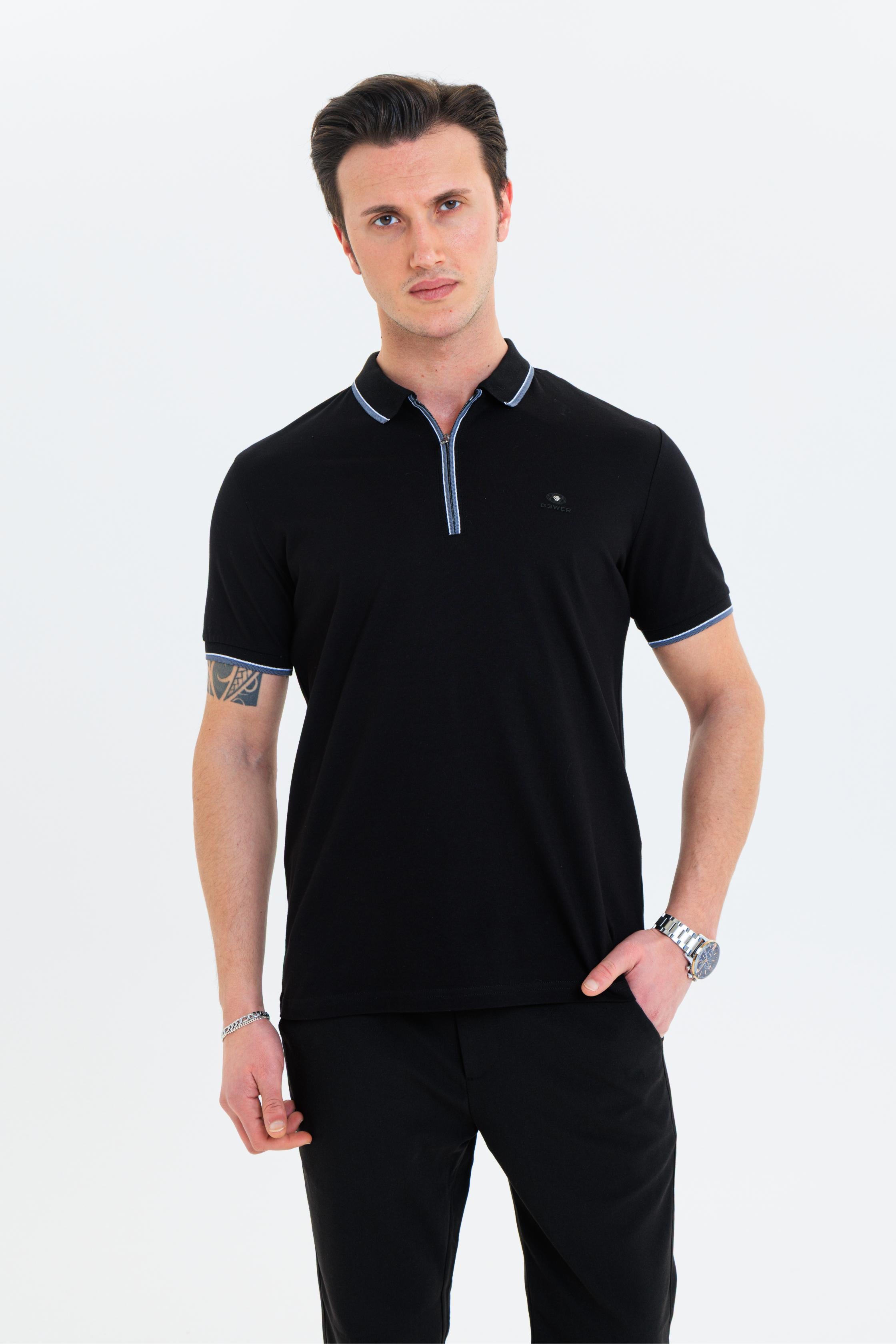 GEWER Fermuarlı Polo Yaka Erkek T-Shirt Pamuklu Siyah - Slim Fit & Pike Dokuma