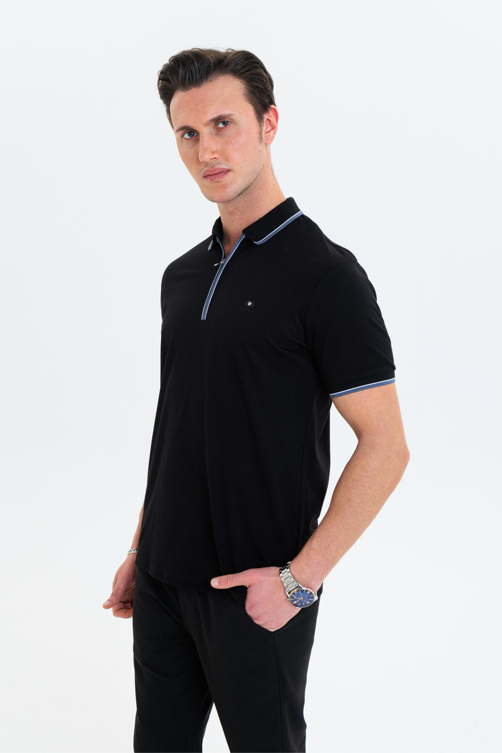 GEWER Fermuarlı Polo Yaka Erkek T-Shirt Pamuklu Siyah - Slim Fit & Pike Dokuma