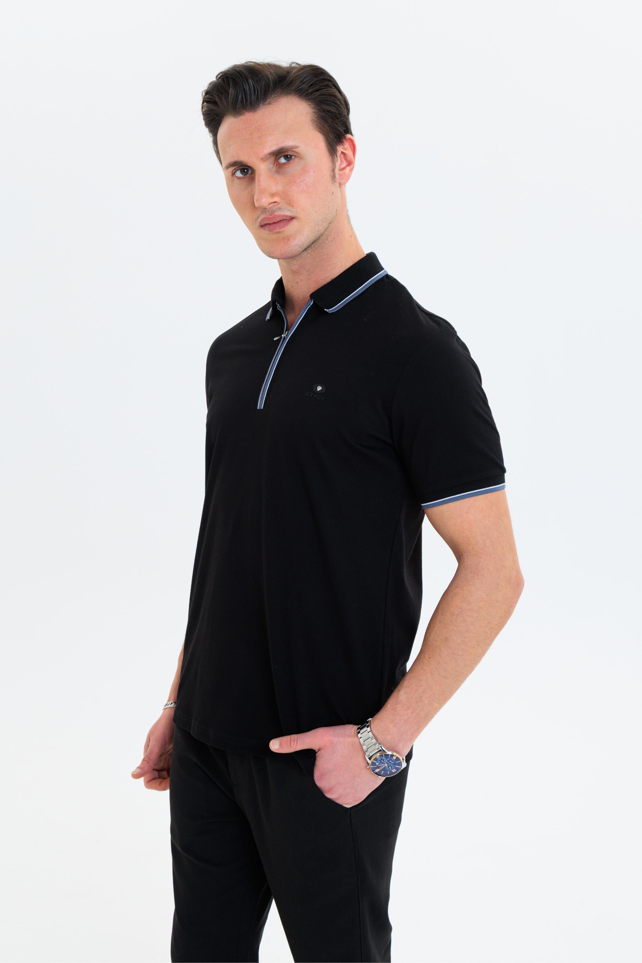 GEWER Fermuarlı Polo Yaka Erkek T-Shirt Pamuklu Siyah - Slim Fit & Pike Dokuma
