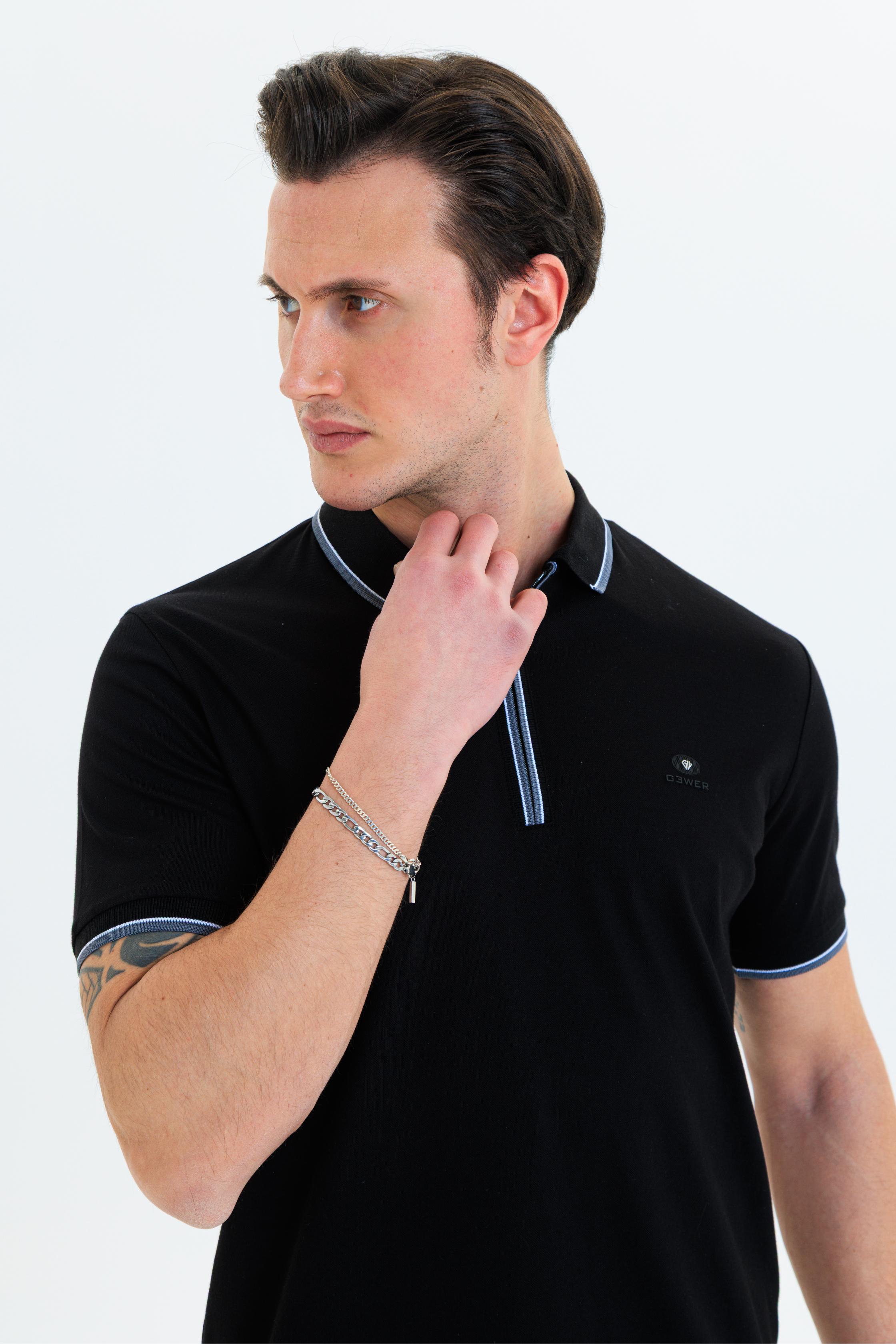 GEWER Fermuarlı Polo Yaka Erkek T-Shirt Pamuklu Siyah - Slim Fit & Pike Dokuma