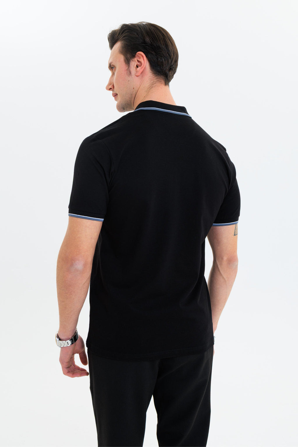 GEWER Fermuarlı Polo Yaka Erkek T-Shirt Pamuklu Siyah - Slim Fit & Pike Dokuma