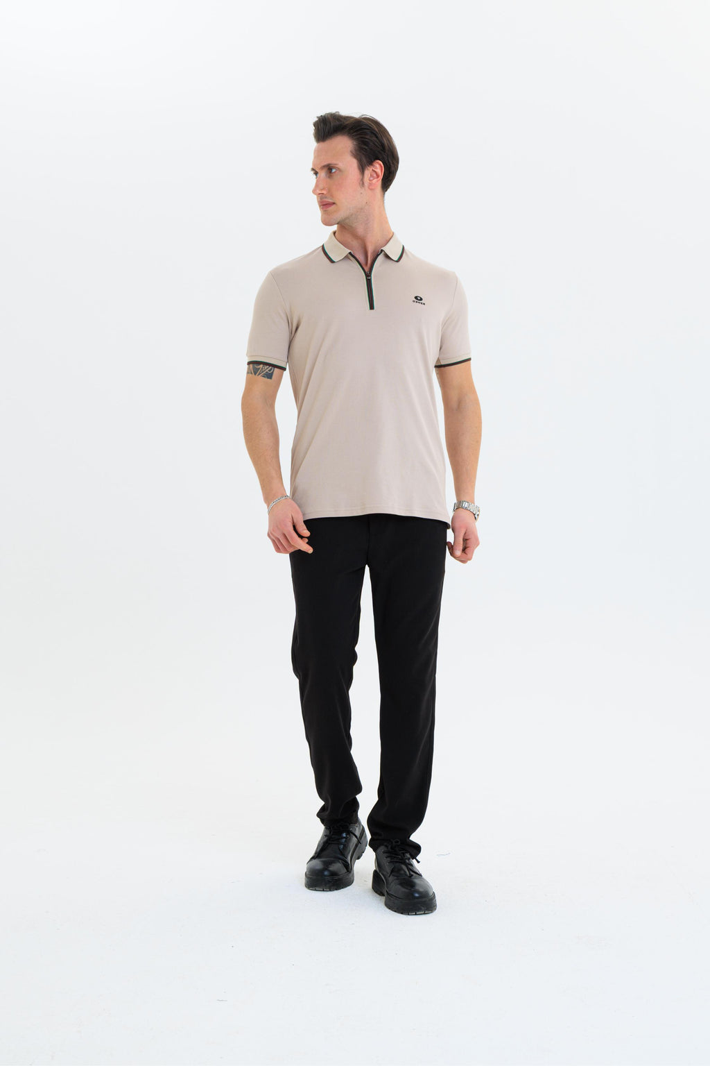 GEWER Fermuarlı Polo Yaka Erkek T-Shirt Pamuklu Bej - Slim Fit & Pike Dokuma