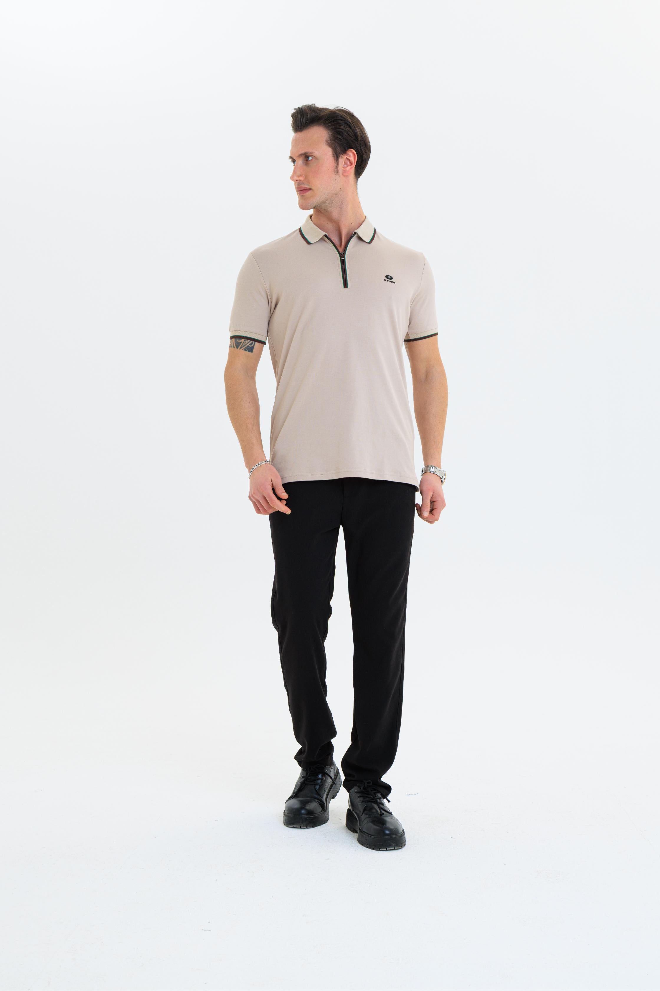 GEWER Fermuarlı Polo Yaka Erkek T-Shirt Pamuklu Bej - Slim Fit & Pike Dokuma