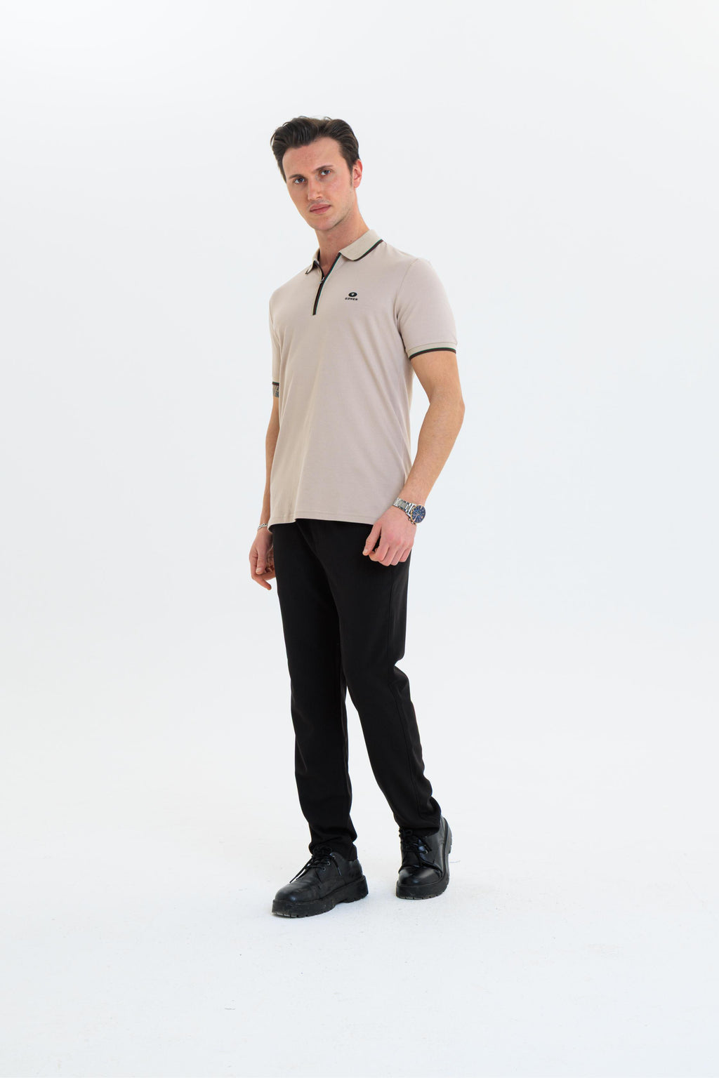 GEWER Fermuarlı Polo Yaka Erkek T-Shirt Pamuklu Bej - Slim Fit & Pike Dokuma