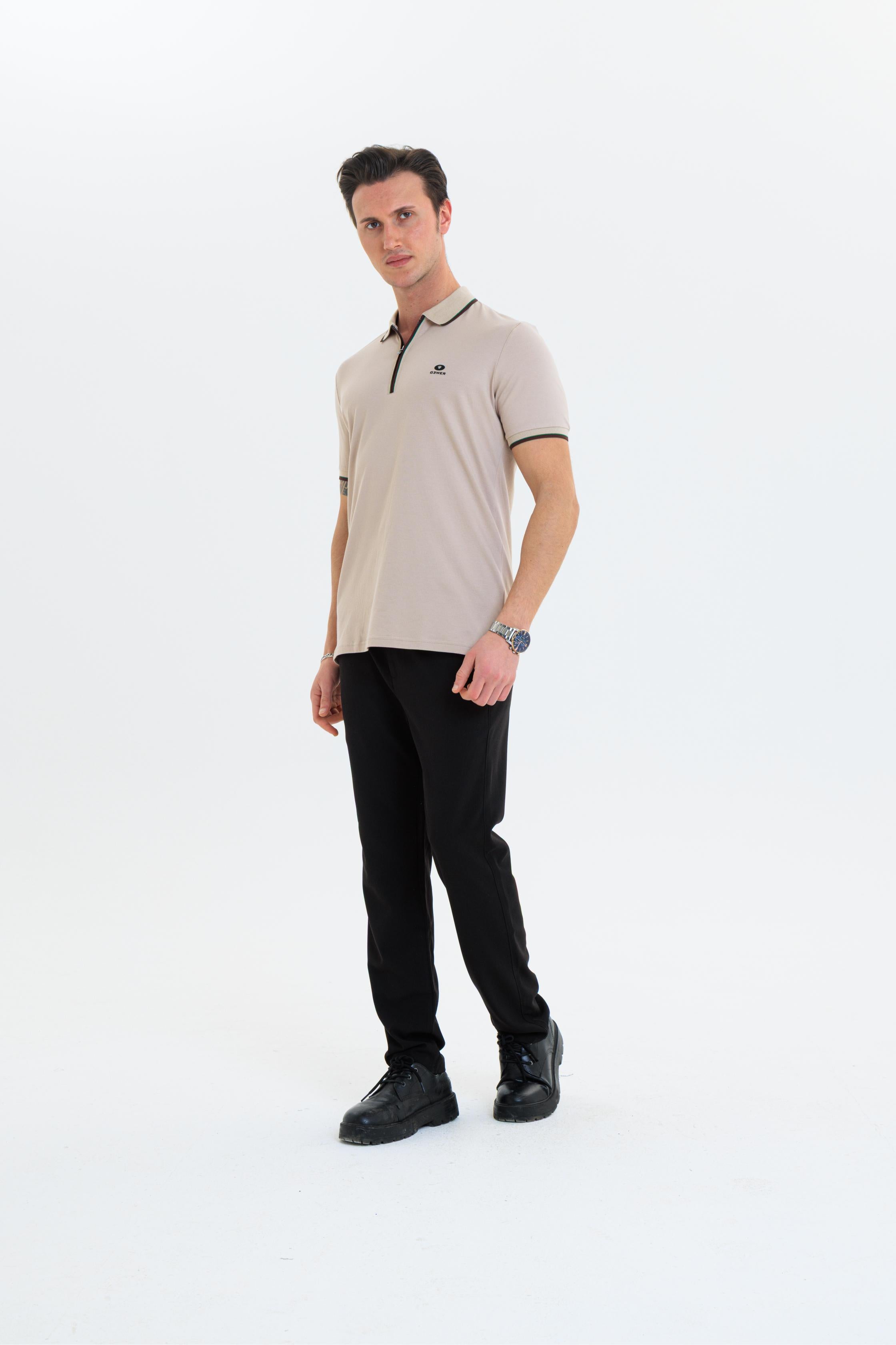 GEWER Fermuarlı Polo Yaka Erkek T-Shirt Pamuklu Bej - Slim Fit & Pike Dokuma