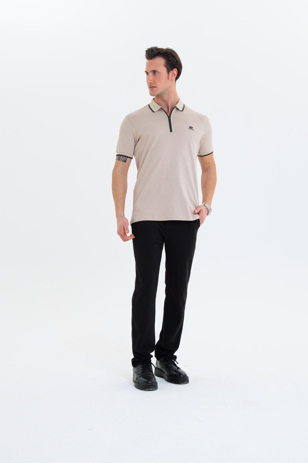 GEWER Fermuarlı Polo Yaka Erkek T-Shirt Pamuklu Bej - Slim Fit & Pike Dokuma