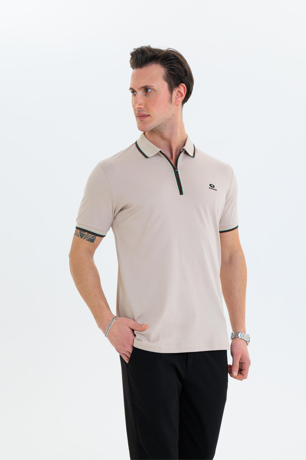GEWER Fermuarlı Polo Yaka Erkek T-Shirt Pamuklu Bej - Slim Fit & Pike Dokuma