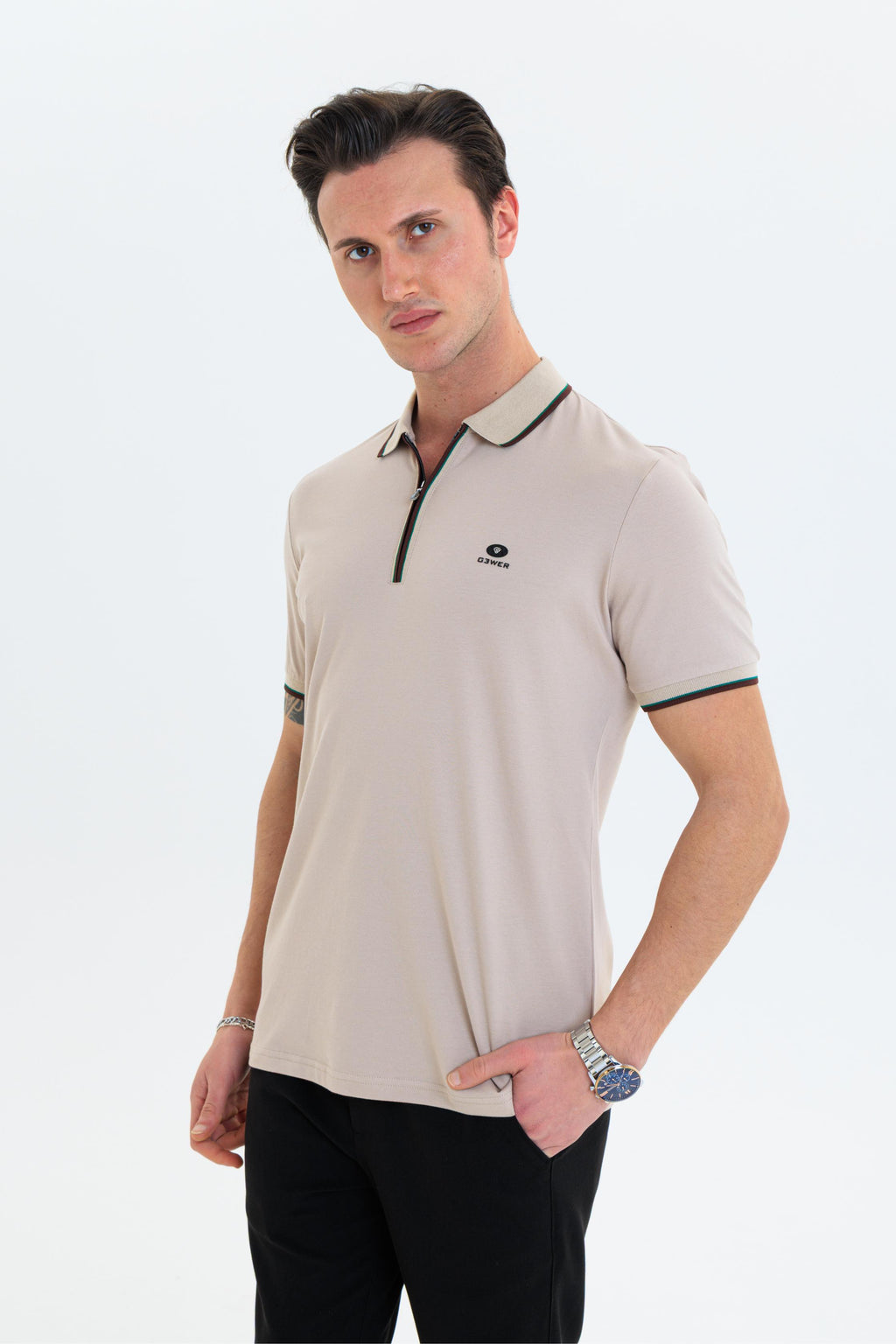 GEWER Fermuarlı Polo Yaka Erkek T-Shirt Pamuklu Bej - Slim Fit & Pike Dokuma