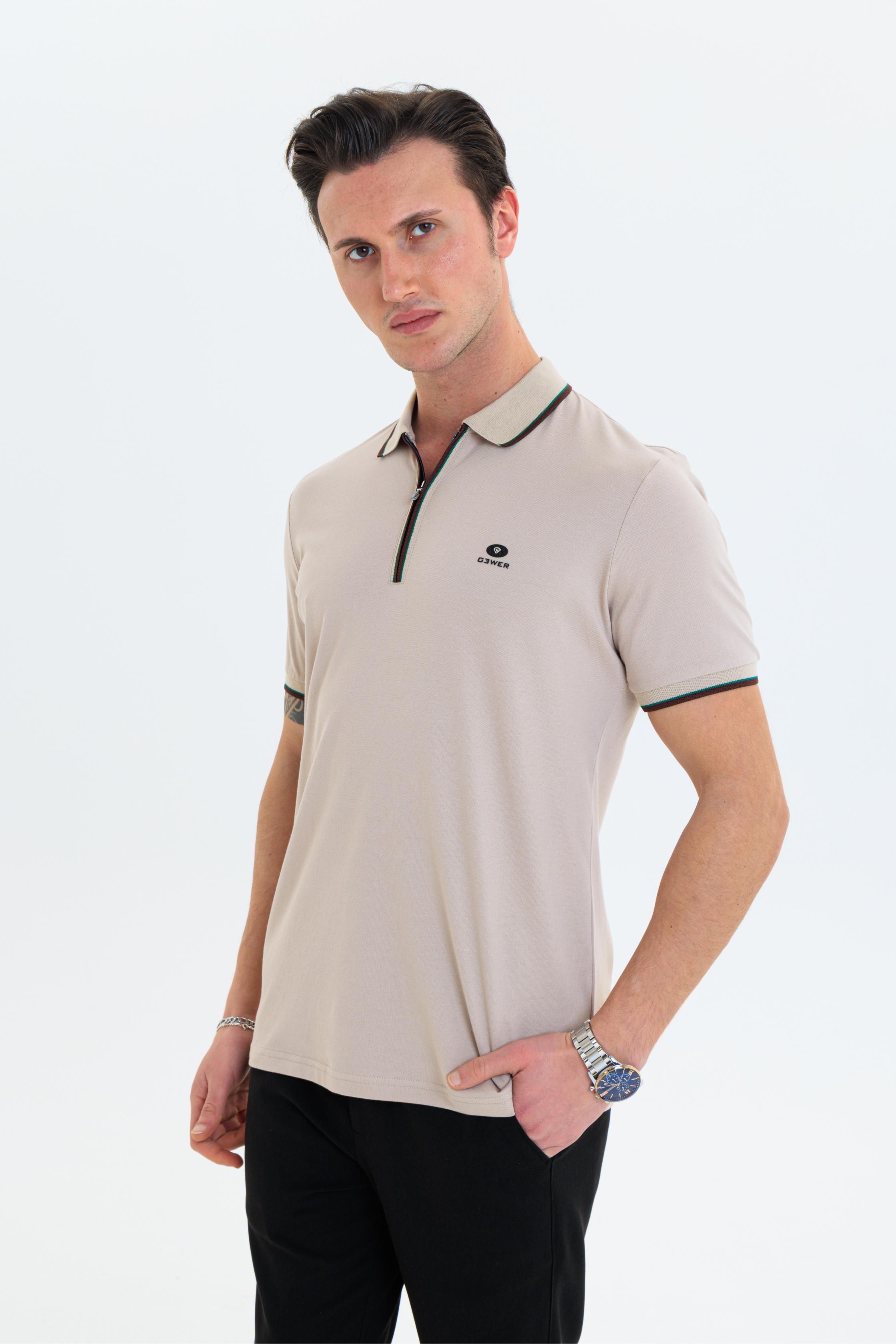 GEWER Fermuarlı Polo Yaka Erkek T-Shirt Pamuklu Bej - Slim Fit & Pike Dokuma