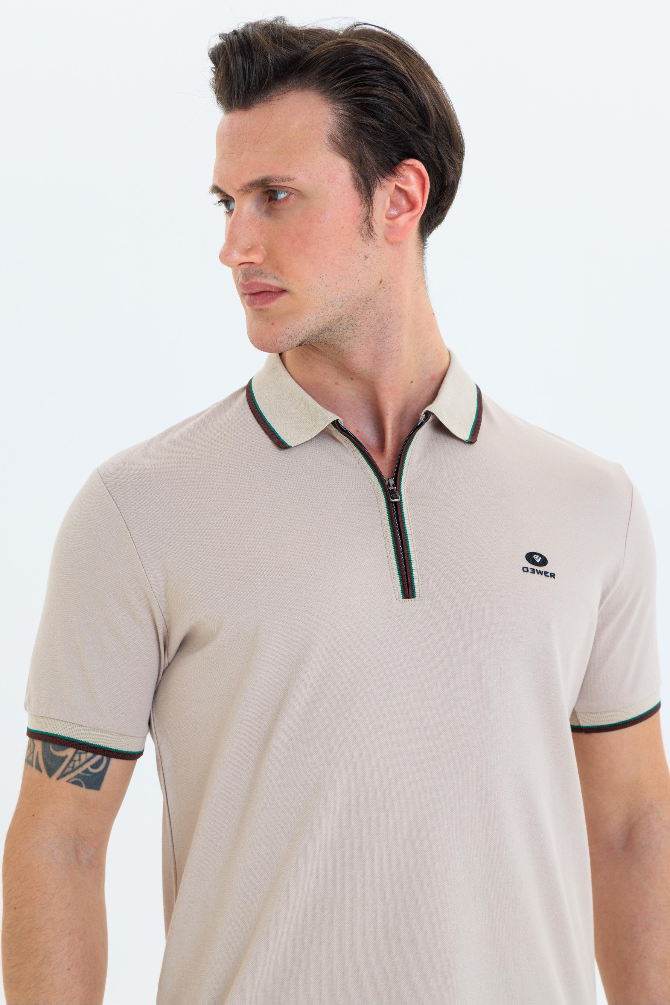 GEWER Fermuarlı Polo Yaka Erkek T-Shirt Pamuklu Bej - Slim Fit & Pike Dokuma