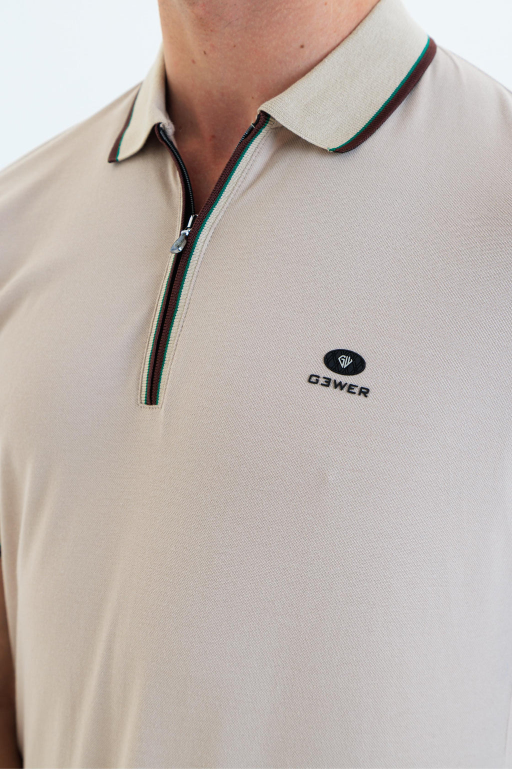 GEWER Fermuarlı Polo Yaka Erkek T-Shirt Pamuklu Bej - Slim Fit & Pike Dokuma
