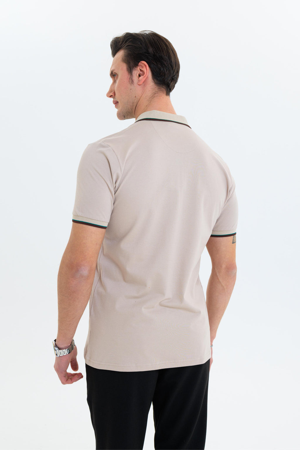 GEWER Fermuarlı Polo Yaka Erkek T-Shirt Pamuklu Bej - Slim Fit & Pike Dokuma