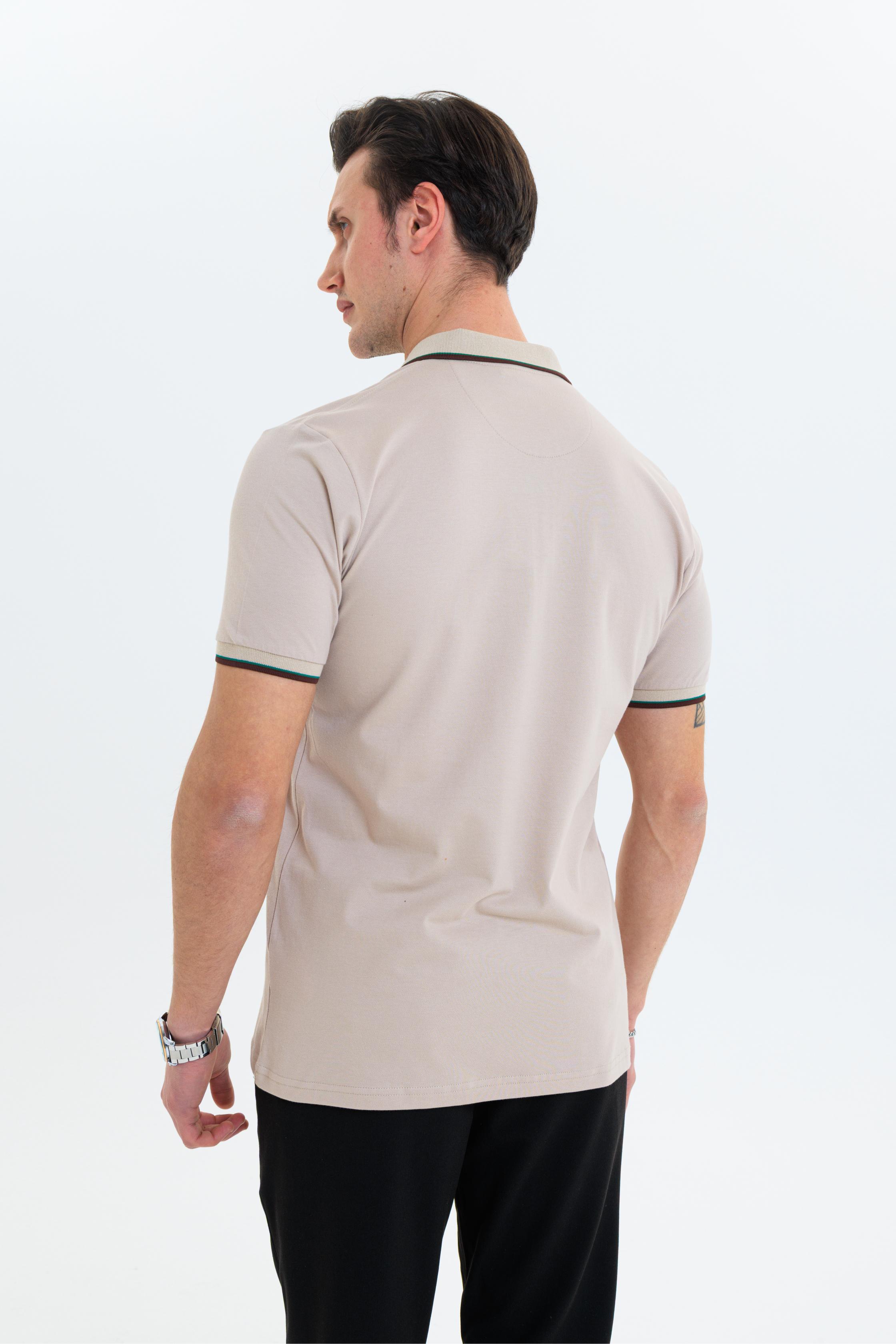 GEWER Fermuarlı Polo Yaka Erkek T-Shirt Pamuklu Bej - Slim Fit & Pike Dokuma