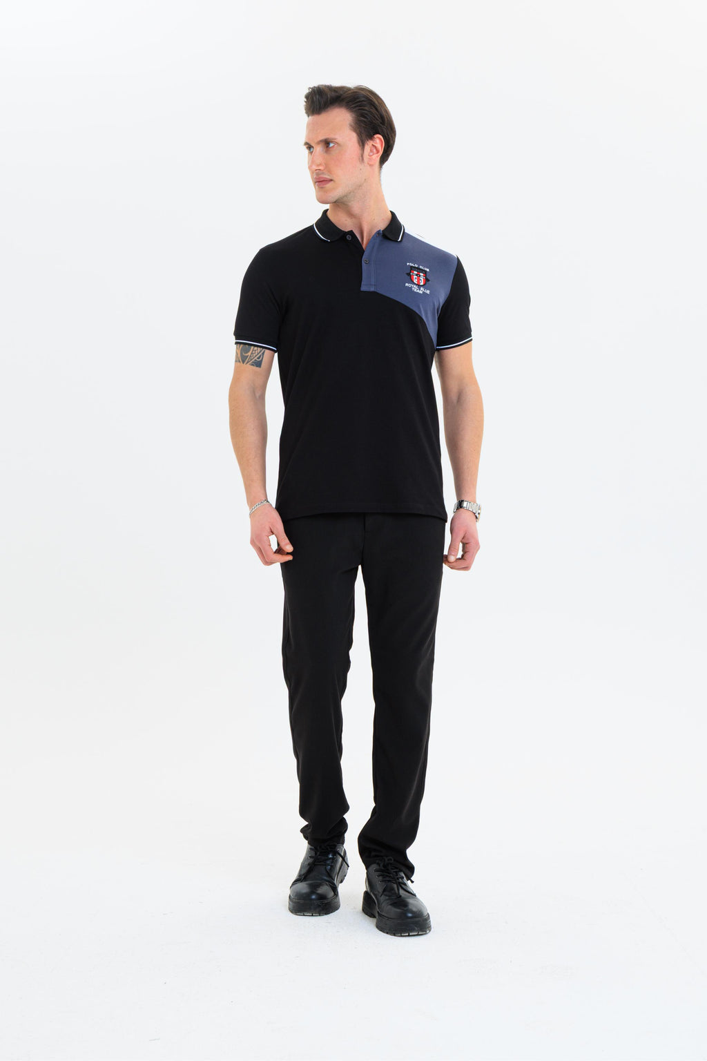 GEWER parçalı nakışlı Polo Yaka Erkek T-Shirt Pamuklu Siyah - Slim Fit & Pike Dokuma