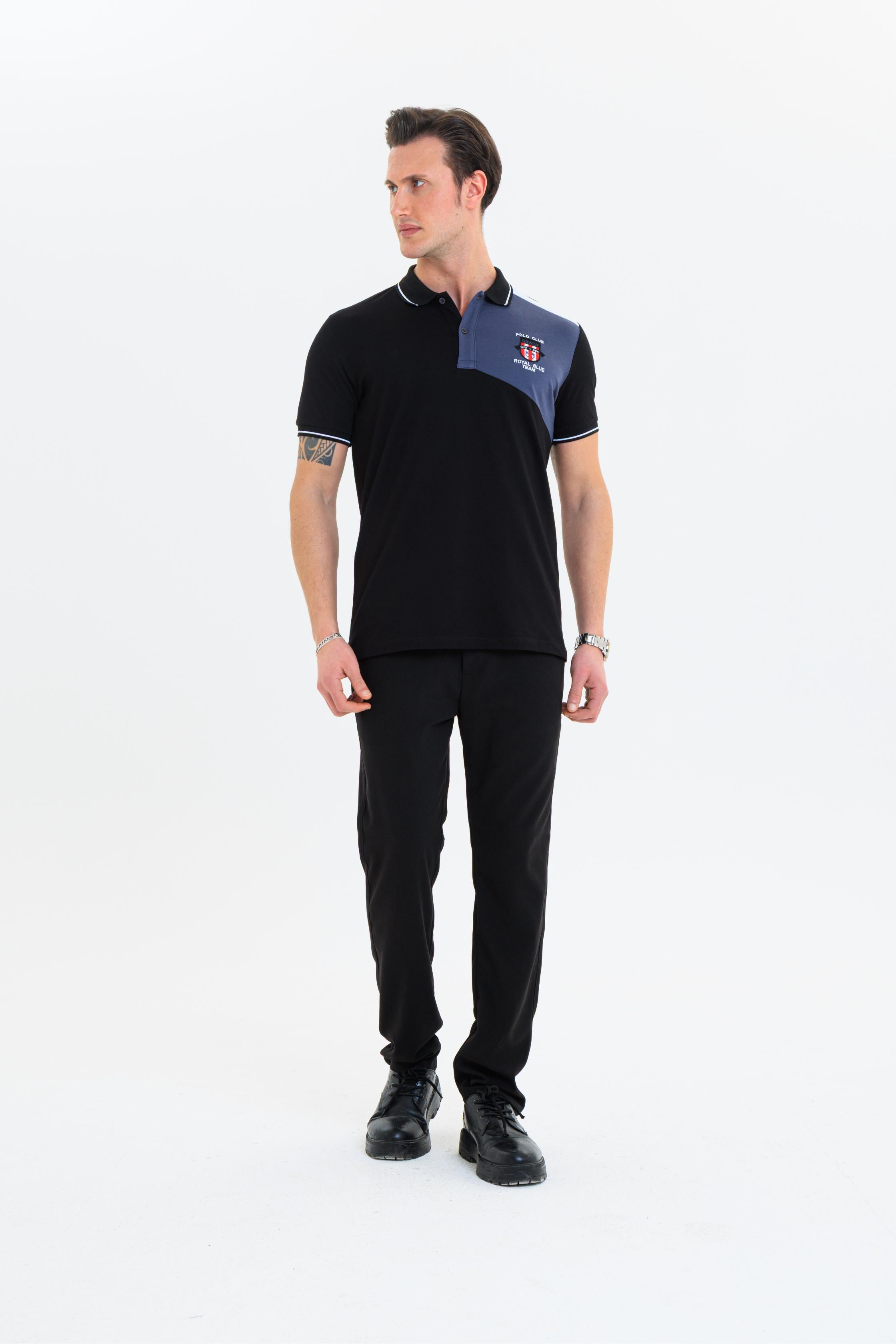GEWER parçalı nakışlı Polo Yaka Erkek T-Shirt Pamuklu Siyah - Slim Fit & Pike Dokuma