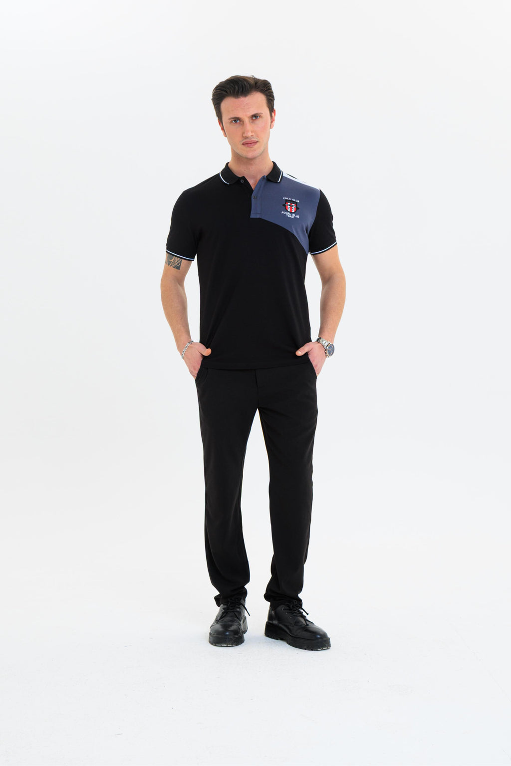 GEWER parçalı nakışlı Polo Yaka Erkek T-Shirt Pamuklu Siyah - Slim Fit & Pike Dokuma