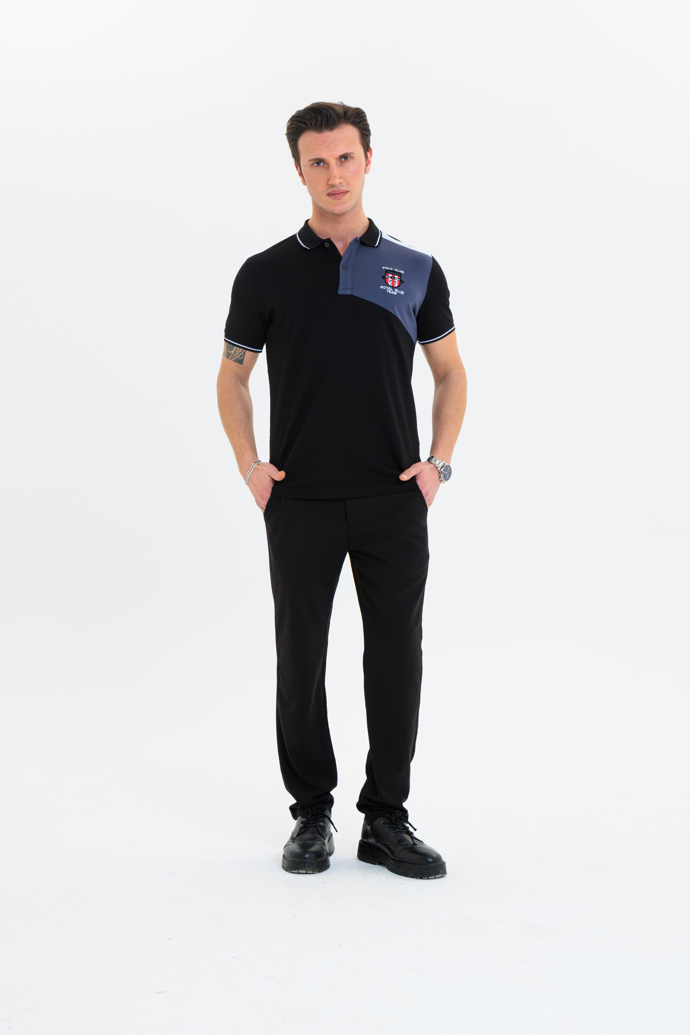 GEWER parçalı nakışlı Polo Yaka Erkek T-Shirt Pamuklu Siyah - Slim Fit & Pike Dokuma