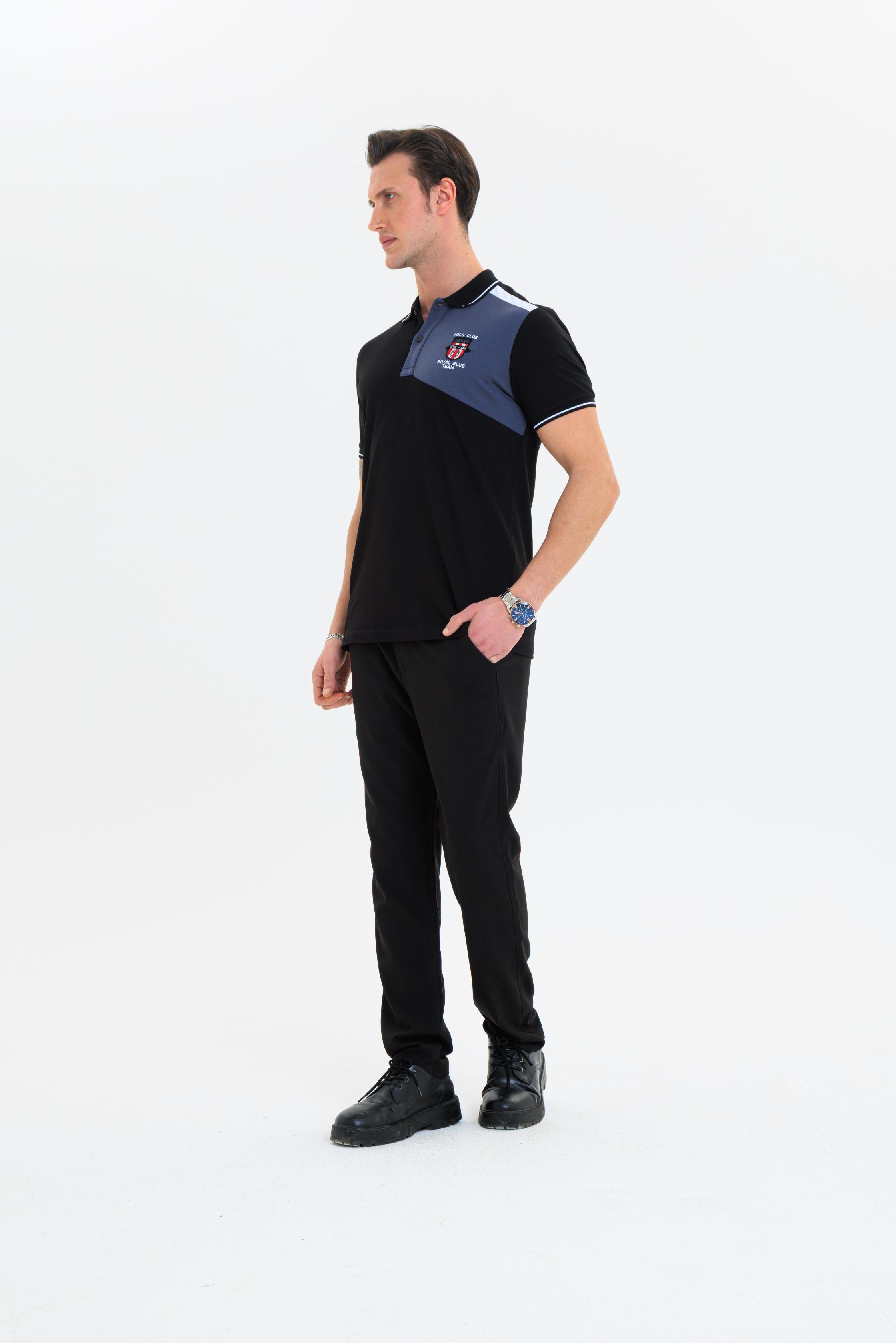 GEWER parçalı nakışlı Polo Yaka Erkek T-Shirt Pamuklu Siyah - Slim Fit & Pike Dokuma