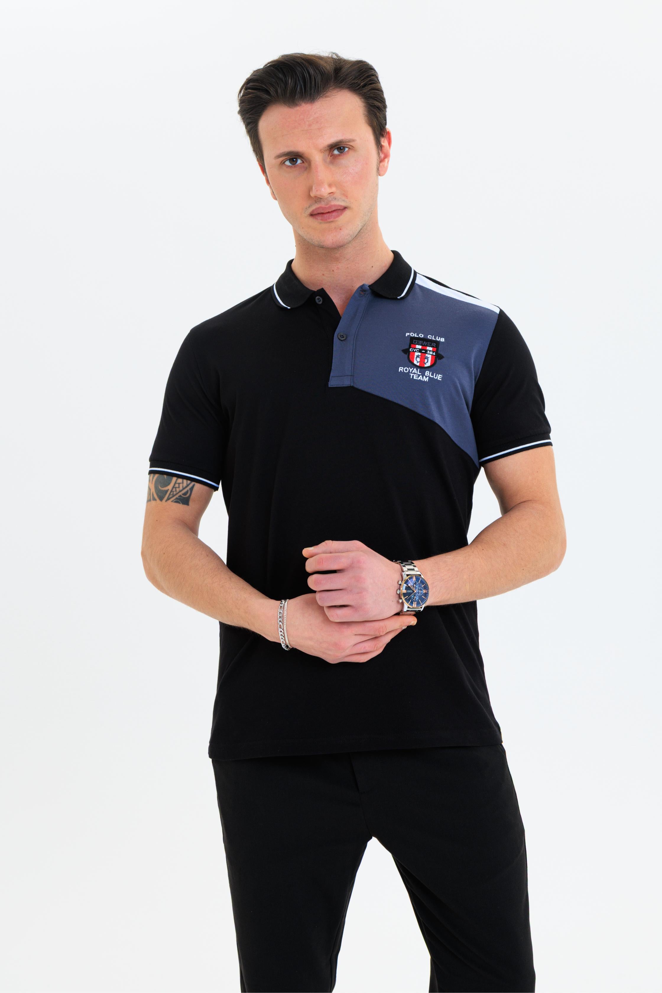 GEWER parçalı nakışlı Polo Yaka Erkek T-Shirt Pamuklu Siyah - Slim Fit & Pike Dokuma