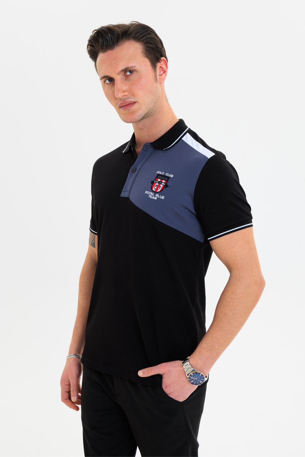 GEWER parçalı nakışlı Polo Yaka Erkek T-Shirt Pamuklu Siyah - Slim Fit & Pike Dokuma