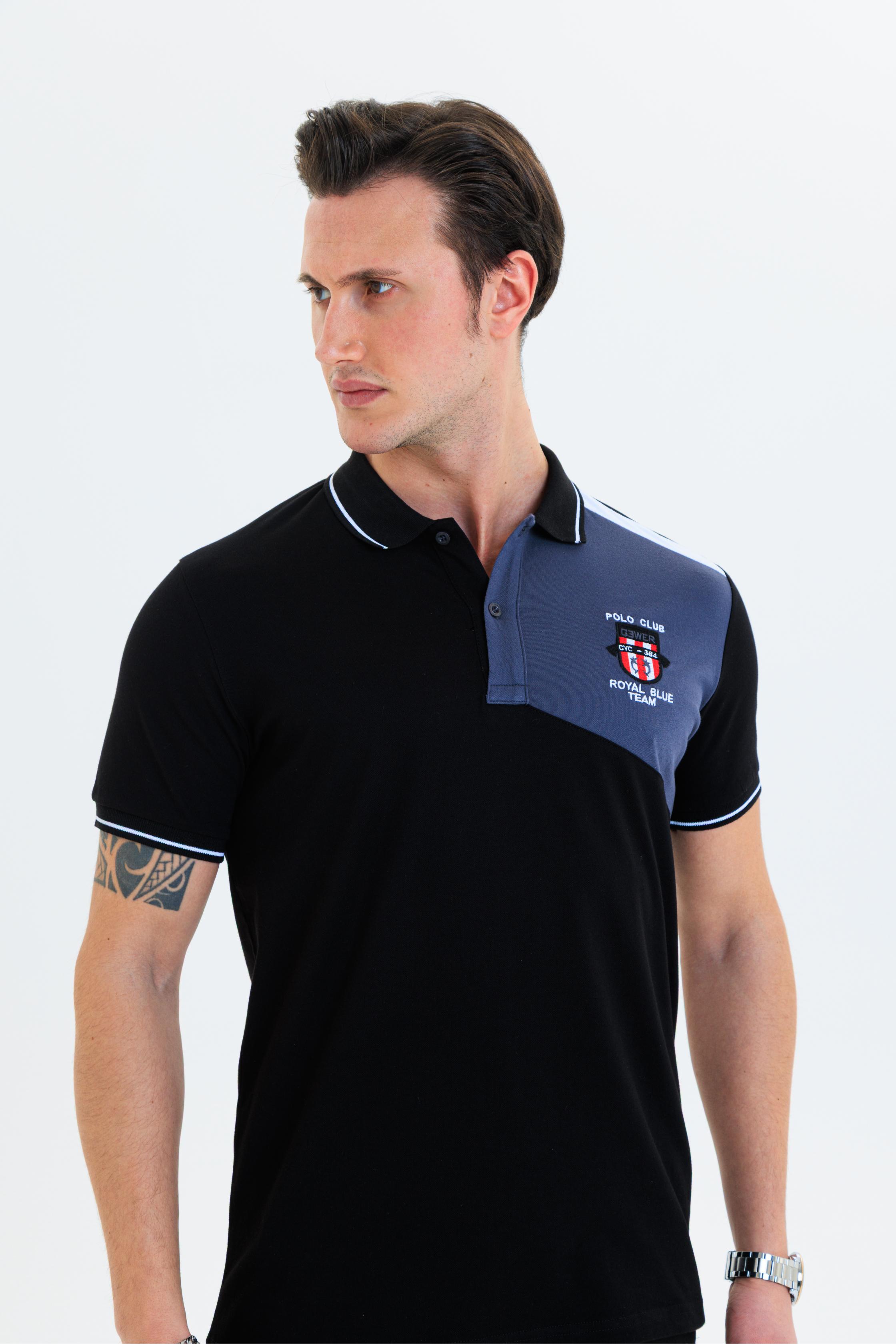GEWER parçalı nakışlı Polo Yaka Erkek T-Shirt Pamuklu Siyah - Slim Fit & Pike Dokuma