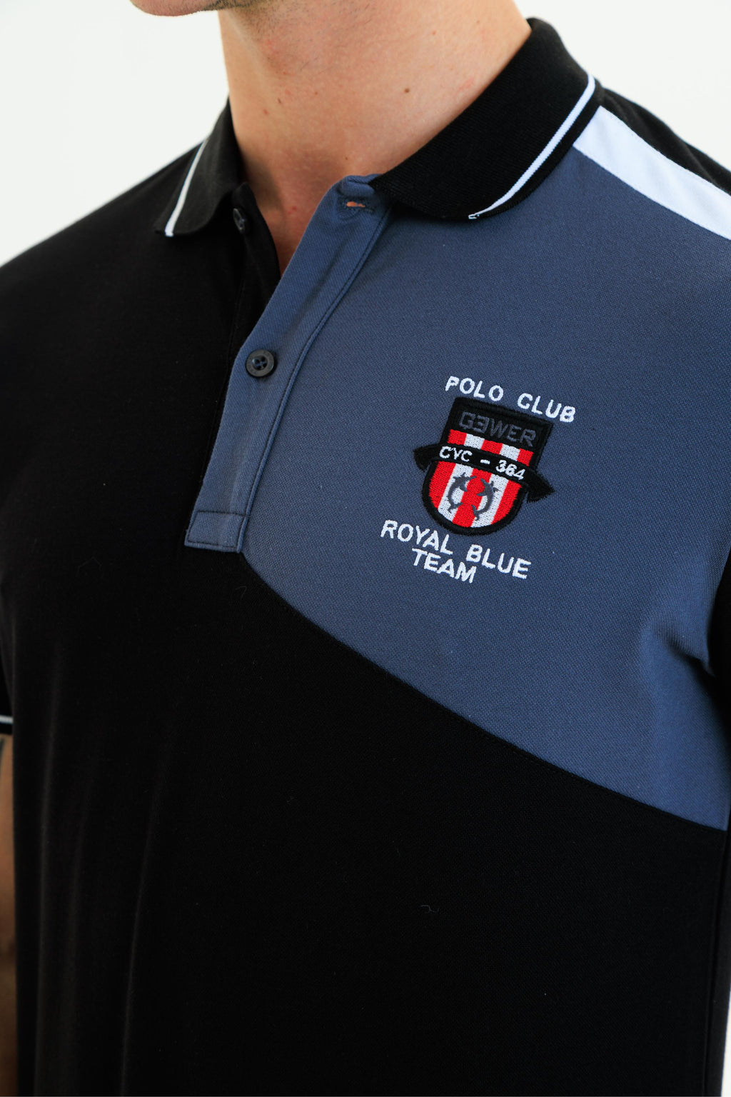 GEWER parçalı nakışlı Polo Yaka Erkek T-Shirt Pamuklu Siyah - Slim Fit & Pike Dokuma