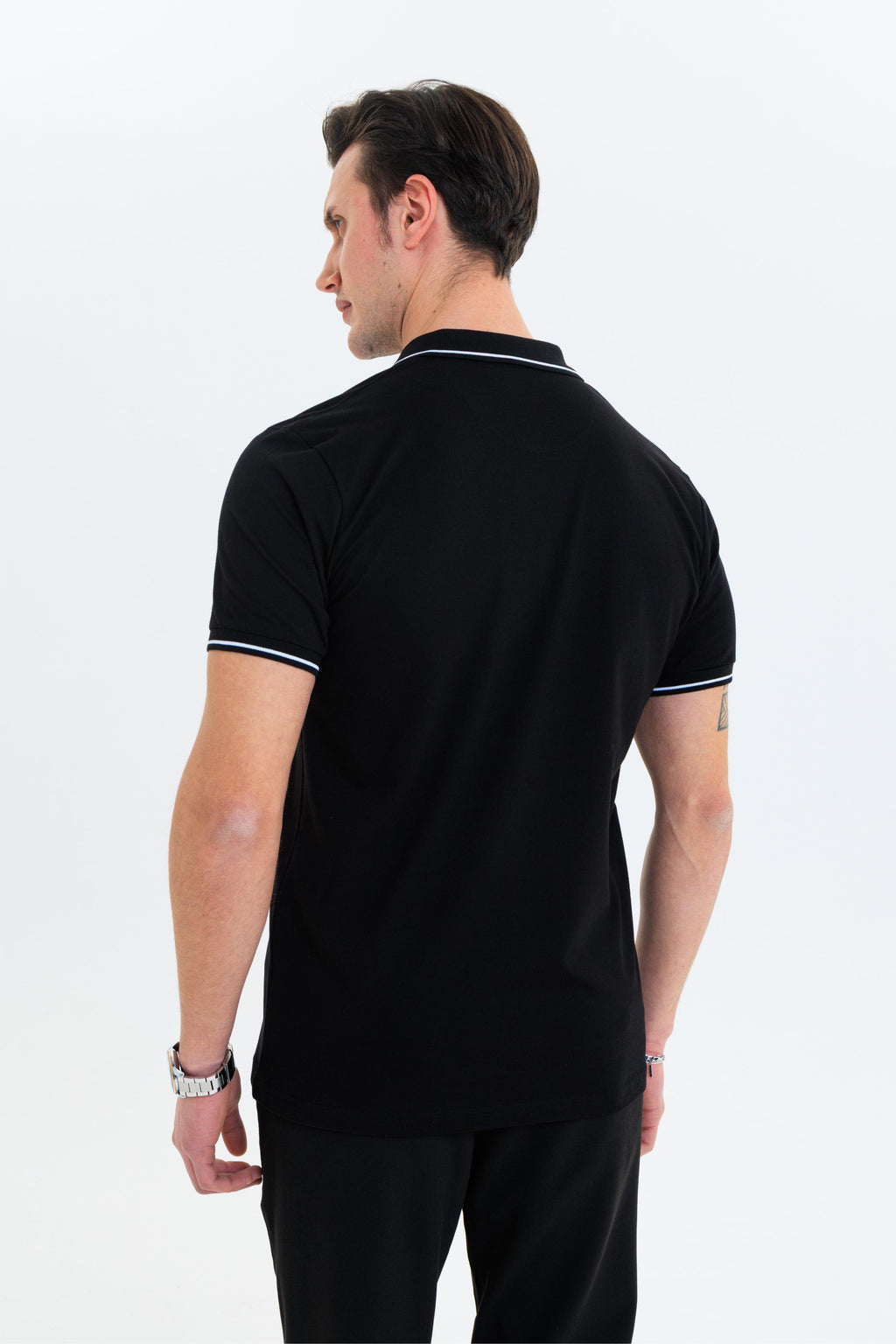 GEWER parçalı nakışlı Polo Yaka Erkek T-Shirt Pamuklu Siyah - Slim Fit & Pike Dokuma