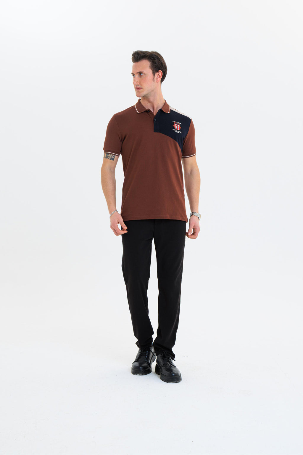 Parçalı nakışlı Polo Yaka Erkek T-Shirt Pamuklu Kahverengi - Slim Fit & Pike Dokuma