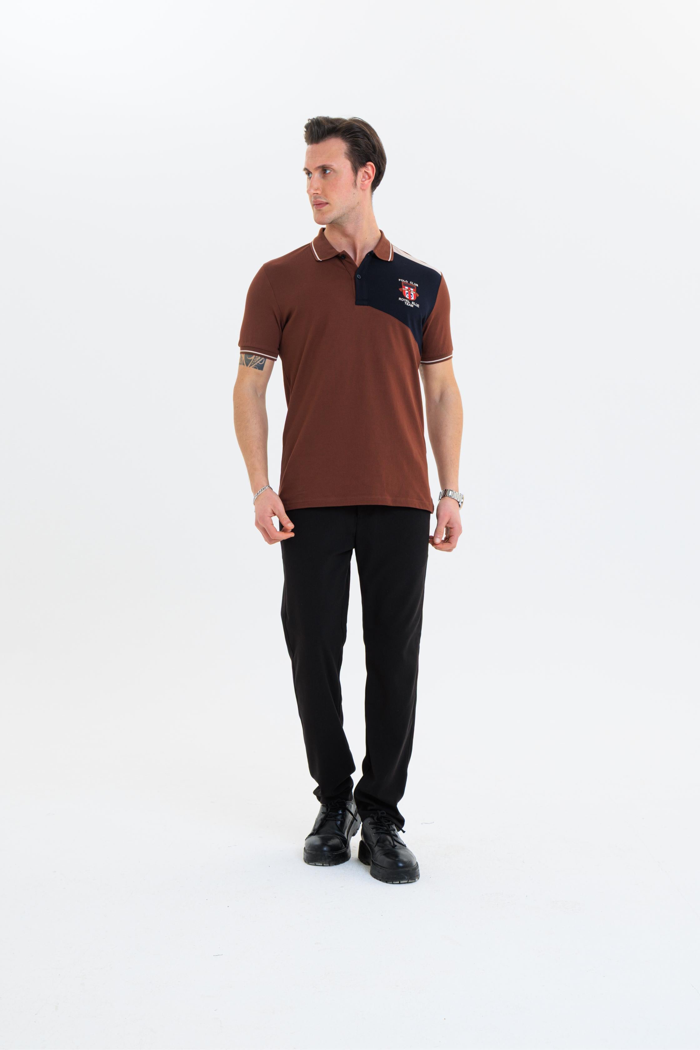 Parçalı nakışlı Polo Yaka Erkek T-Shirt Pamuklu Kahverengi - Slim Fit & Pike Dokuma