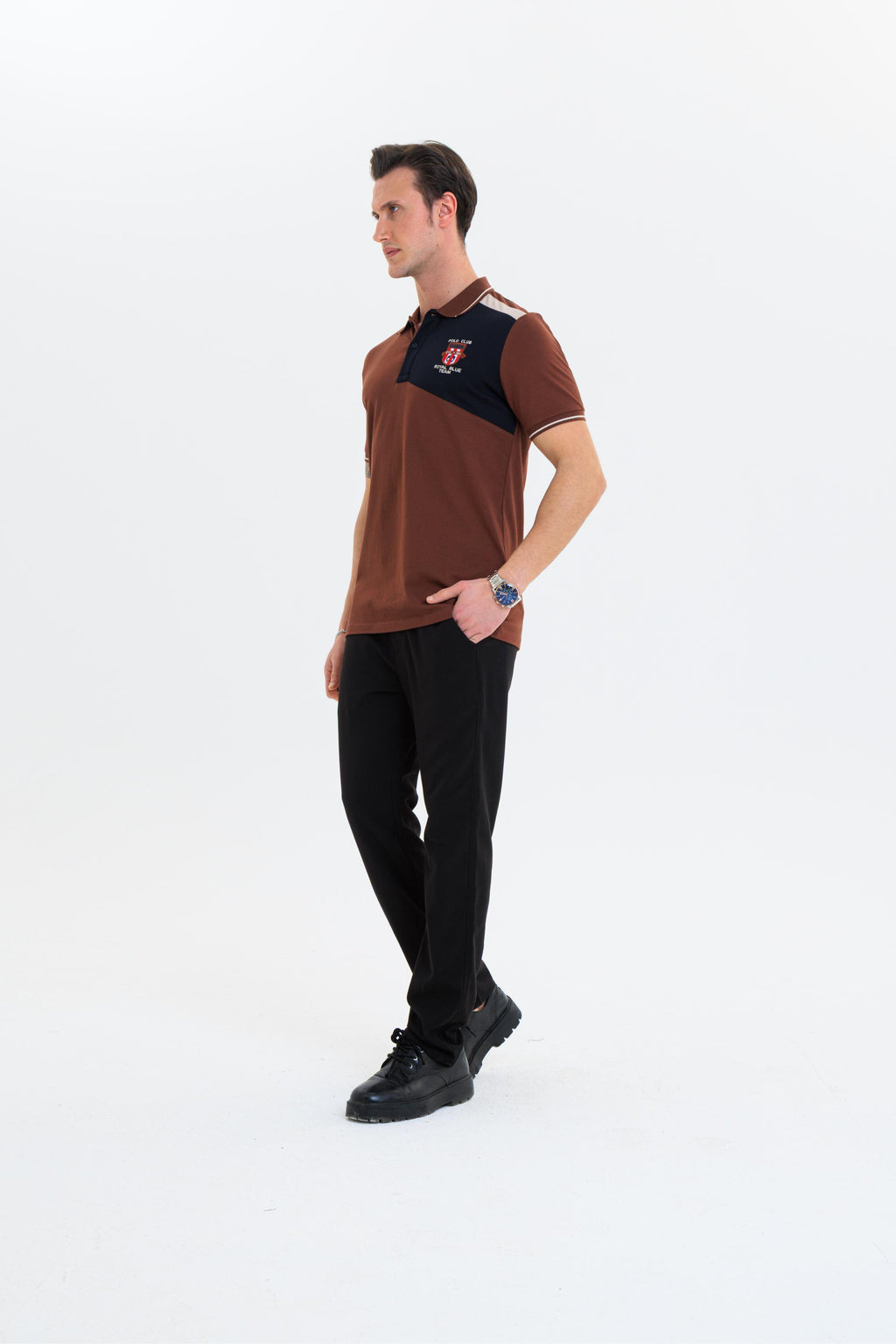 Parçalı nakışlı Polo Yaka Erkek T-Shirt Pamuklu Kahverengi - Slim Fit & Pike Dokuma