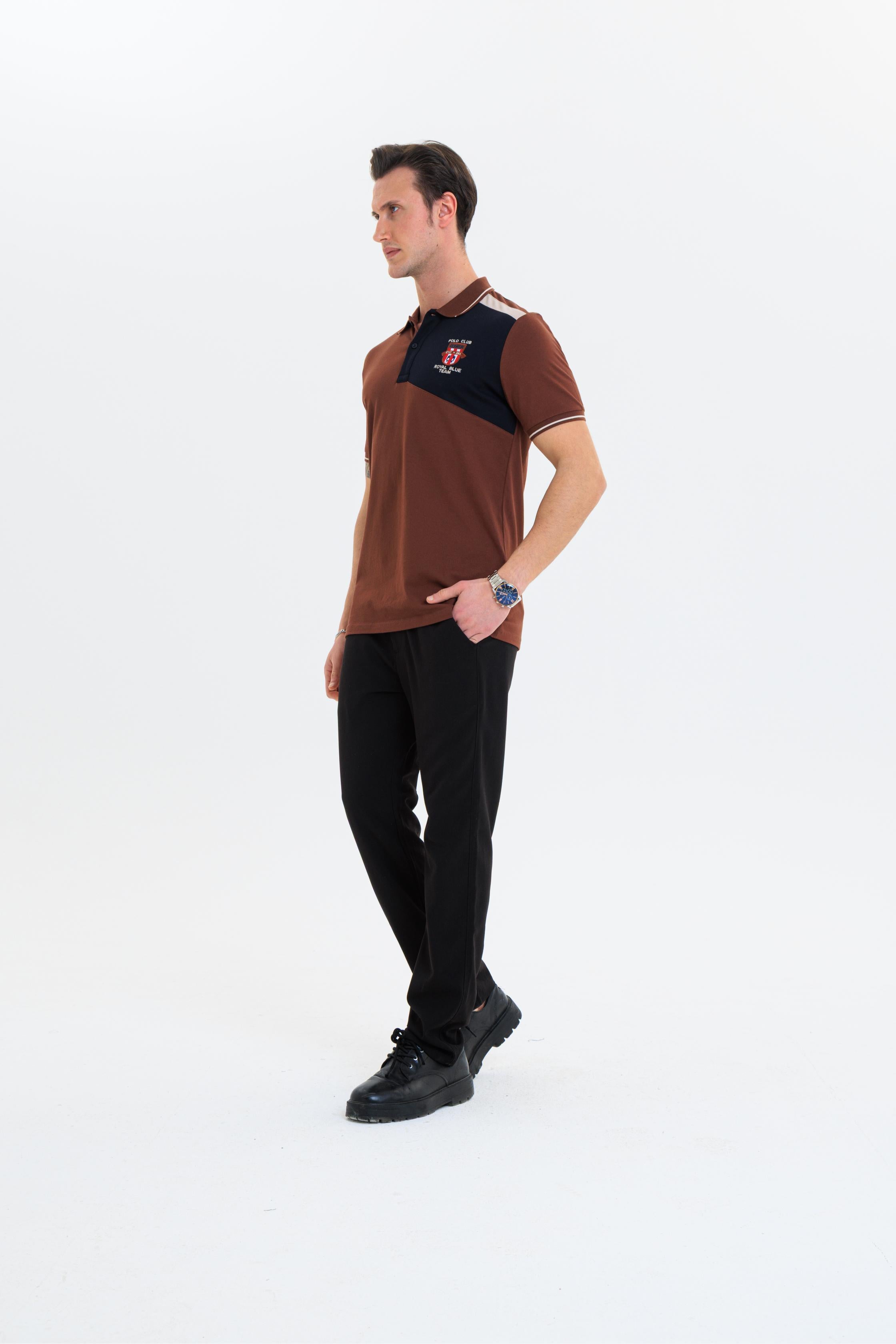 Parçalı nakışlı Polo Yaka Erkek T-Shirt Pamuklu Kahverengi - Slim Fit & Pike Dokuma
