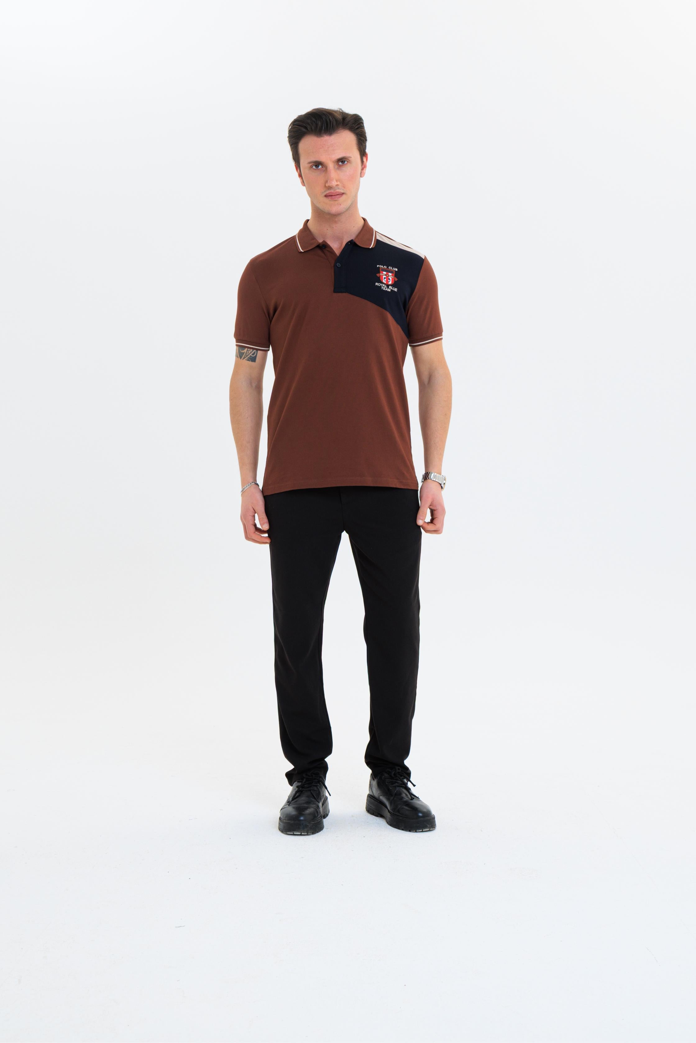 Parçalı nakışlı Polo Yaka Erkek T-Shirt Pamuklu Kahverengi - Slim Fit & Pike Dokuma