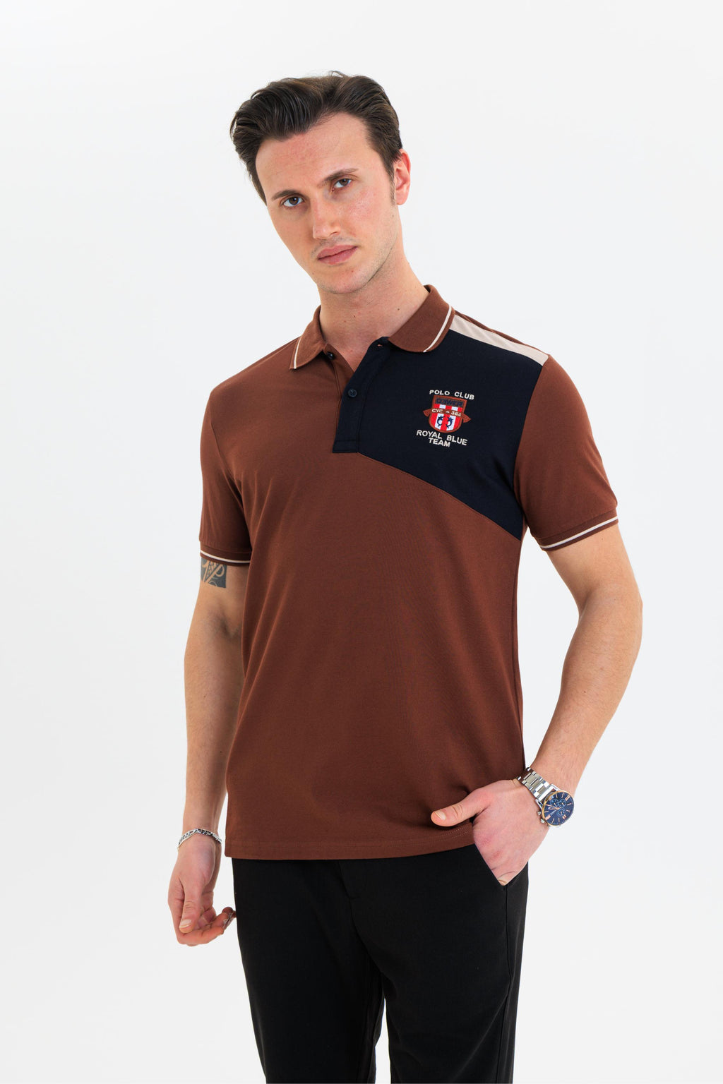 Parçalı nakışlı Polo Yaka Erkek T-Shirt Pamuklu Kahverengi - Slim Fit & Pike Dokuma