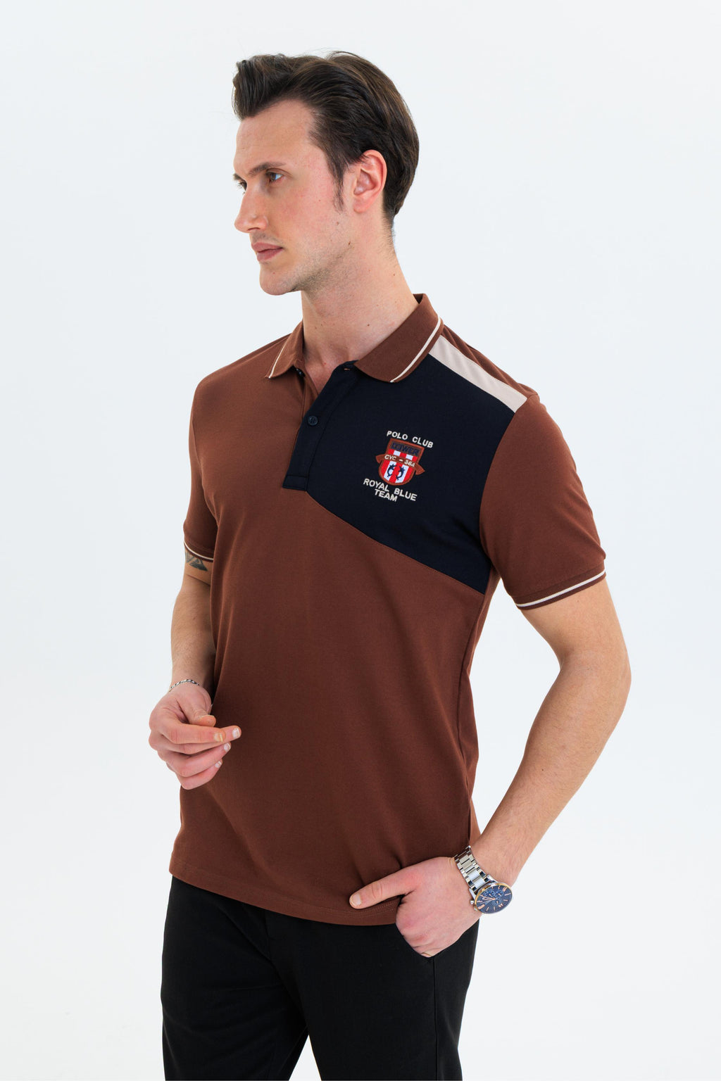 Parçalı nakışlı Polo Yaka Erkek T-Shirt Pamuklu Kahverengi - Slim Fit & Pike Dokuma