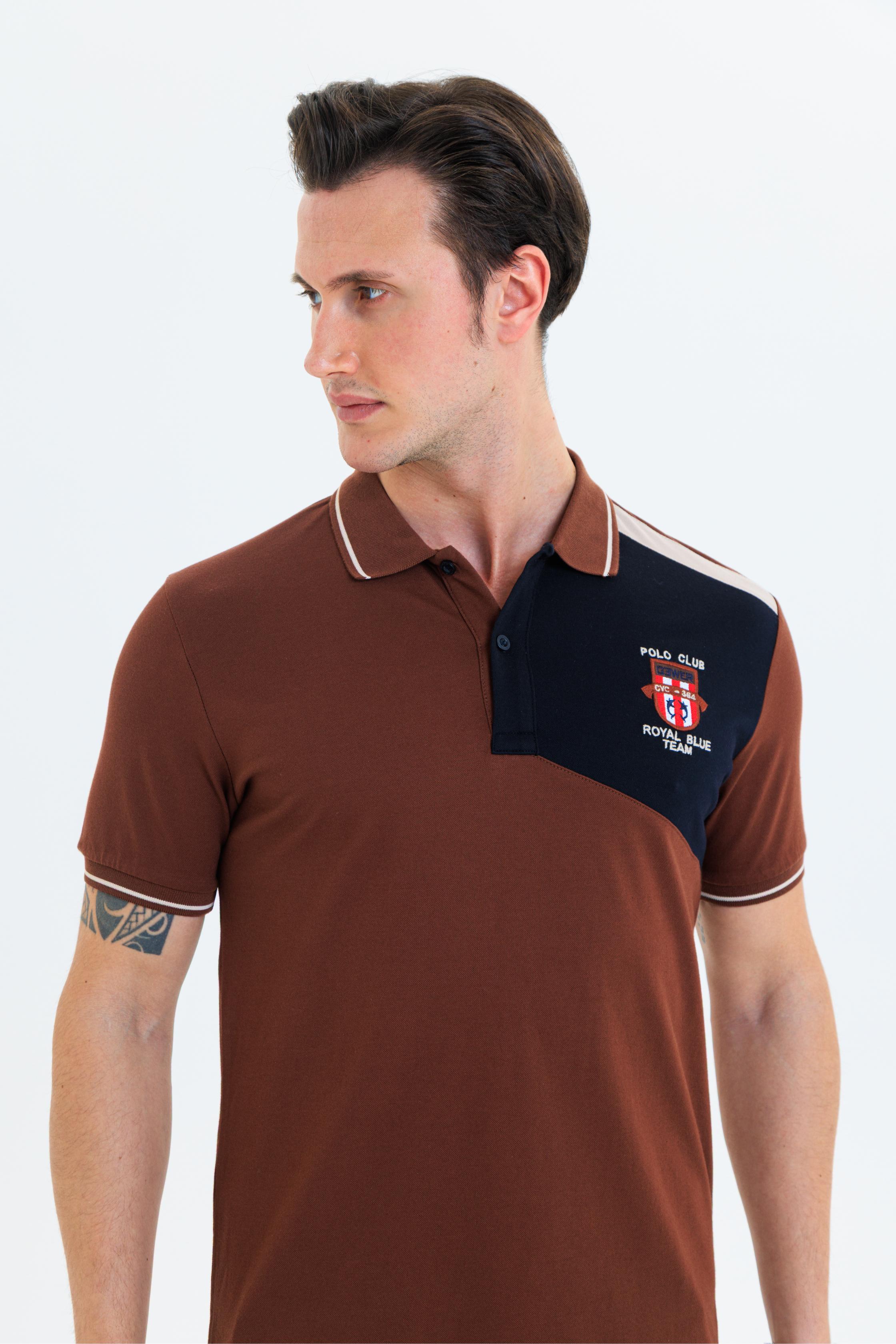 Parçalı nakışlı Polo Yaka Erkek T-Shirt Pamuklu Kahverengi - Slim Fit & Pike Dokuma