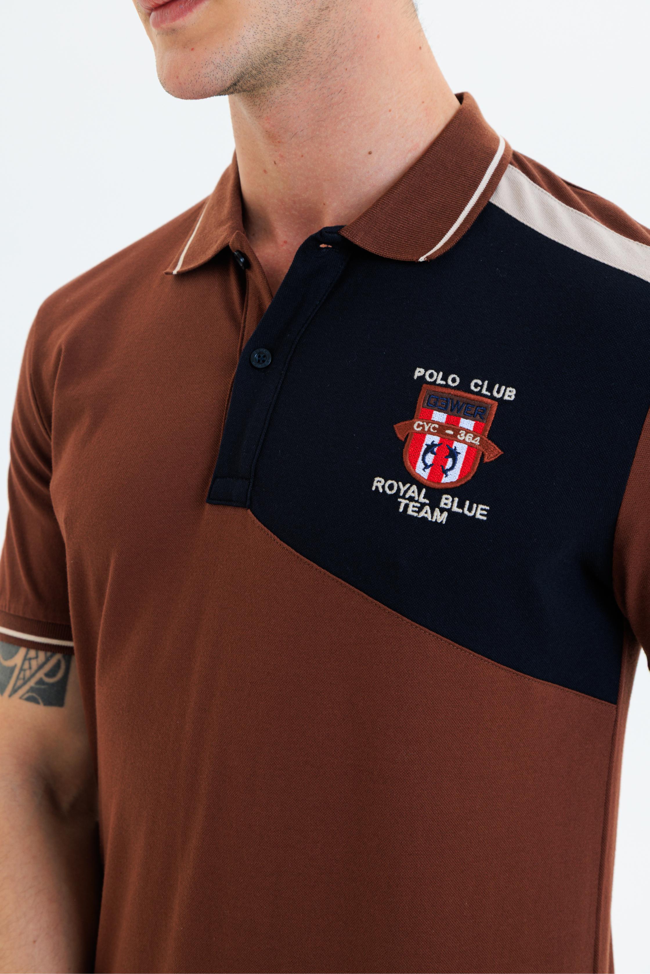 Parçalı nakışlı Polo Yaka Erkek T-Shirt Pamuklu Kahverengi - Slim Fit & Pike Dokuma