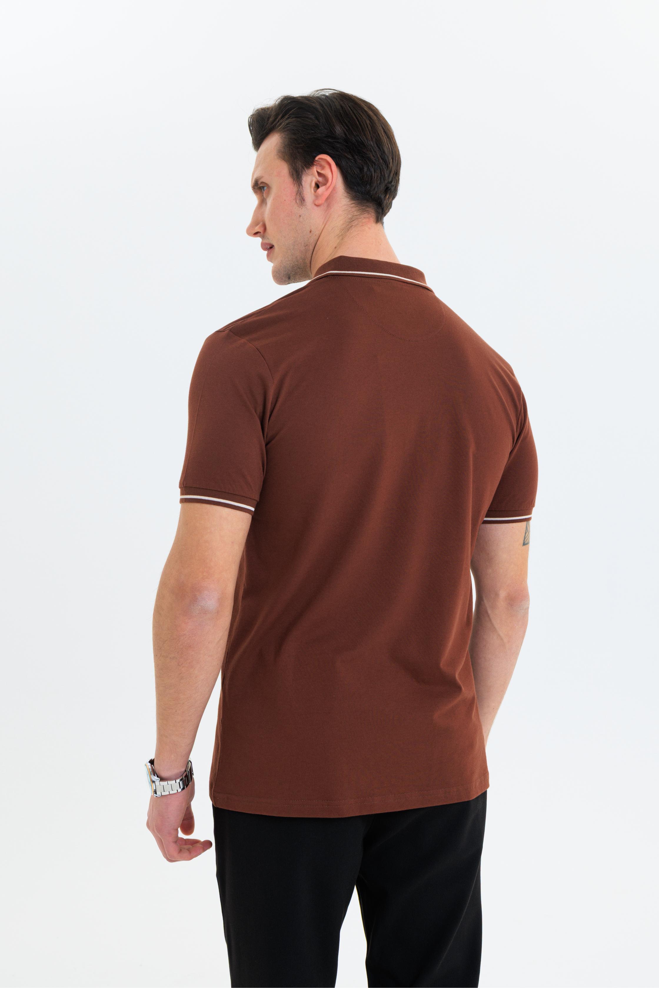 Parçalı nakışlı Polo Yaka Erkek T-Shirt Pamuklu Kahverengi - Slim Fit & Pike Dokuma