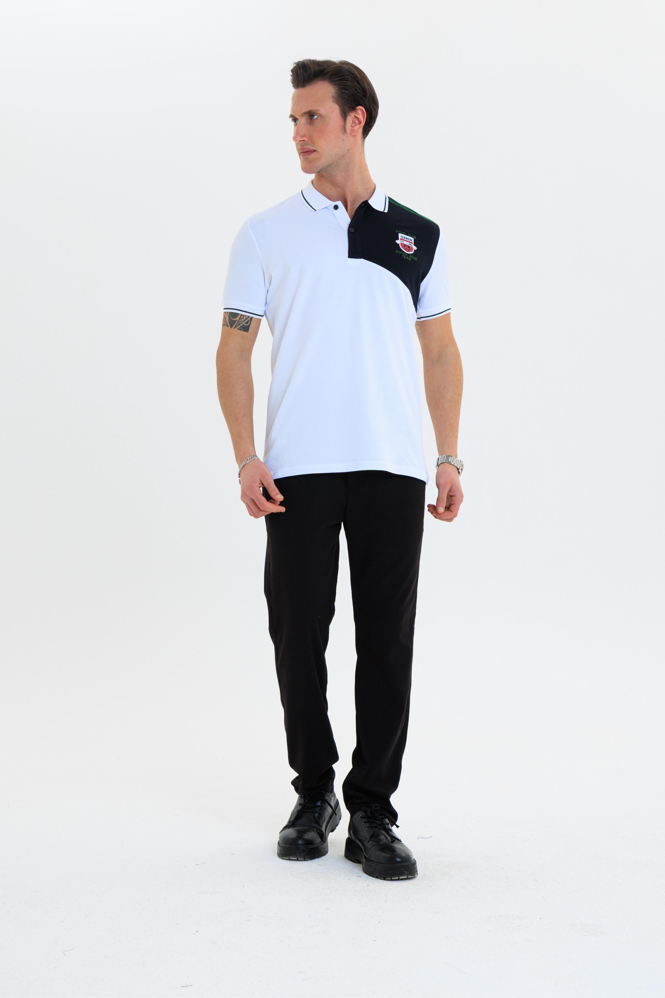 Parçalı nakışlı Polo Yaka Erkek T-Shirt Pamuklu Beyaz - Slim Fit & Pike Dokuma
