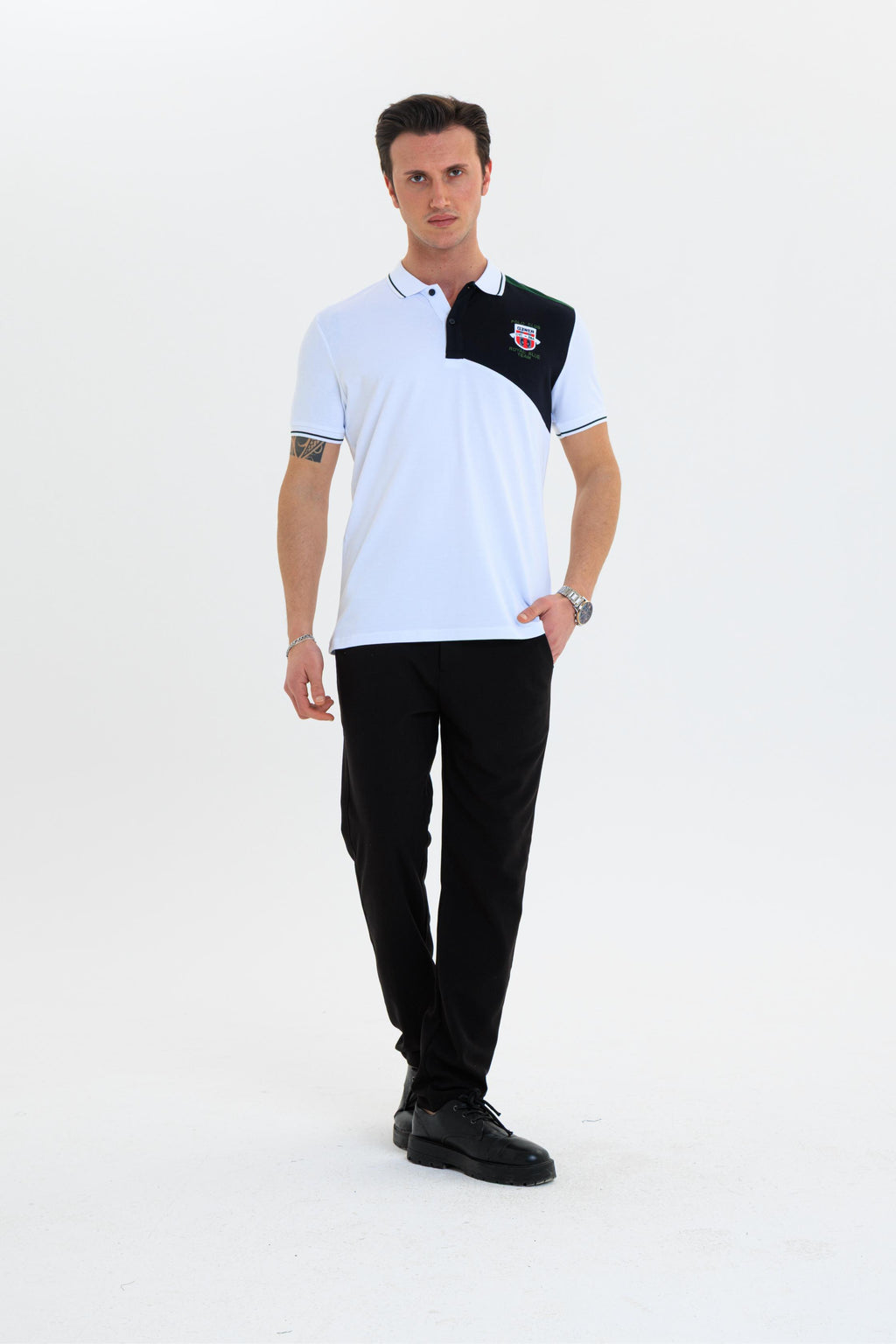 Parçalı nakışlı Polo Yaka Erkek T-Shirt Pamuklu Beyaz - Slim Fit & Pike Dokuma