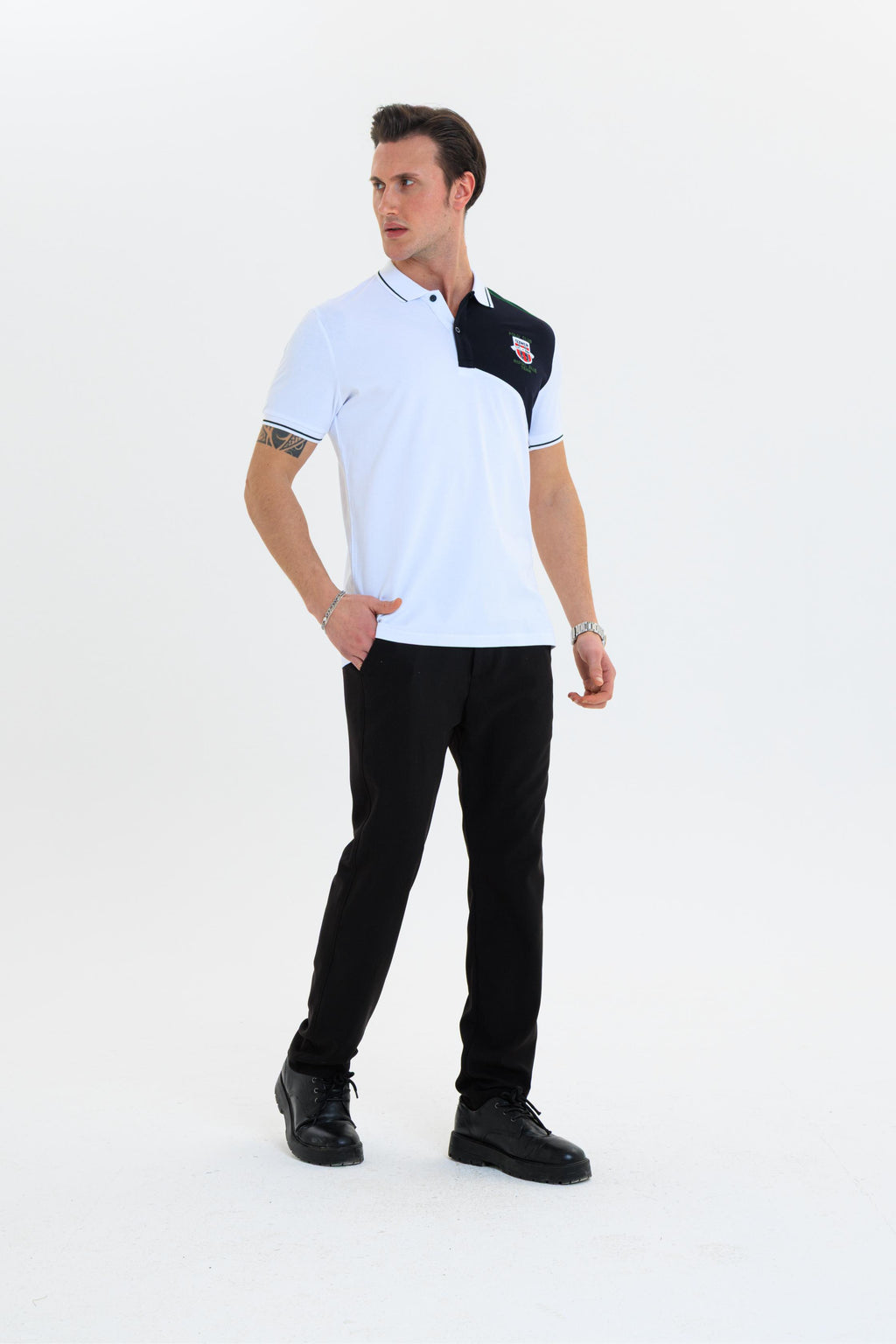 Parçalı nakışlı Polo Yaka Erkek T-Shirt Pamuklu Beyaz - Slim Fit & Pike Dokuma