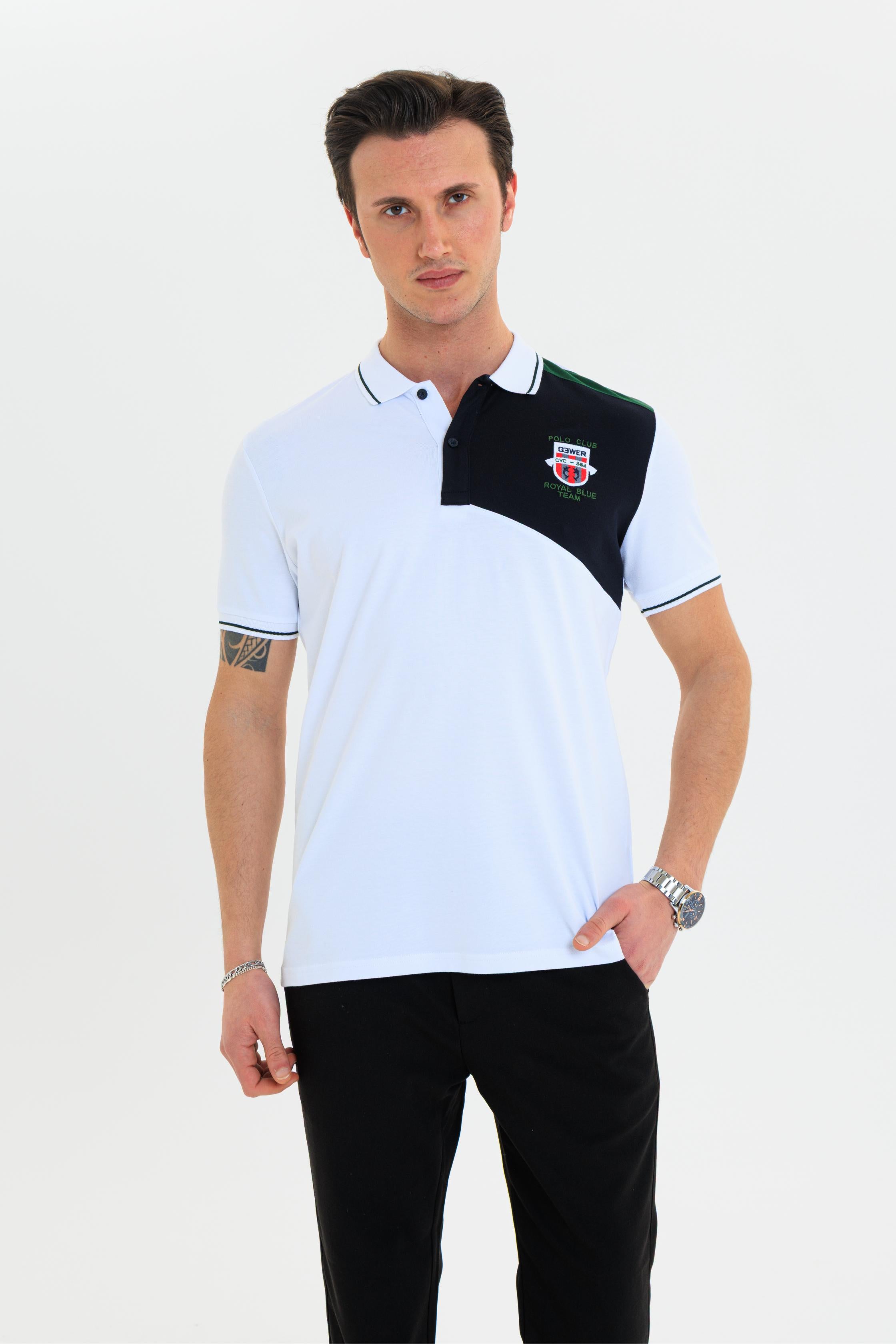 Parçalı nakışlı Polo Yaka Erkek T-Shirt Pamuklu Beyaz - Slim Fit & Pike Dokuma