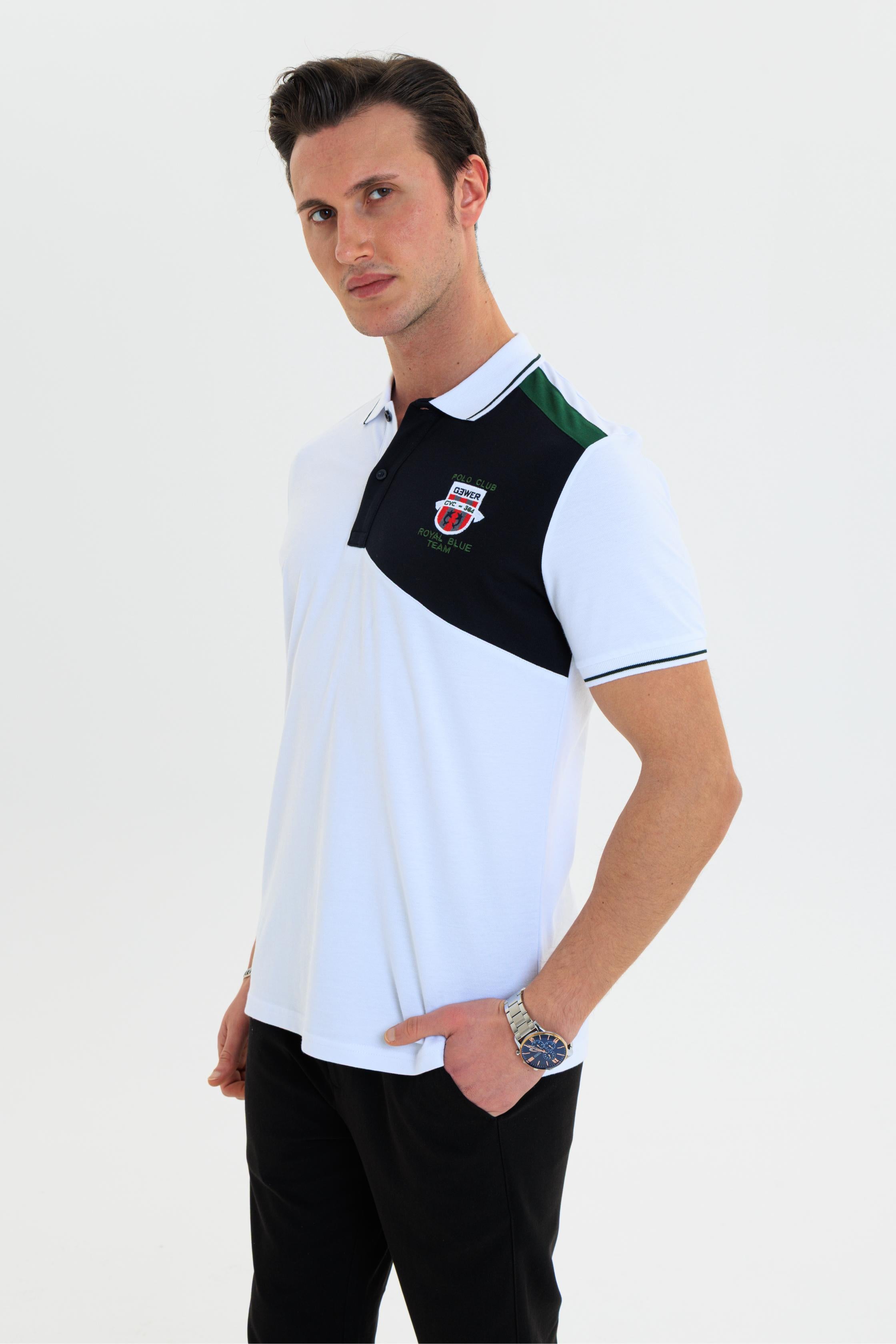Parçalı nakışlı Polo Yaka Erkek T-Shirt Pamuklu Beyaz - Slim Fit & Pike Dokuma