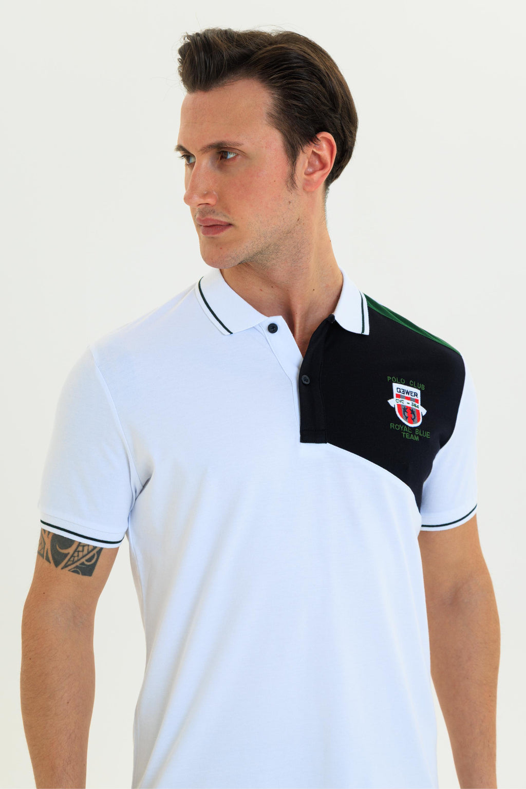 Parçalı nakışlı Polo Yaka Erkek T-Shirt Pamuklu Beyaz - Slim Fit & Pike Dokuma