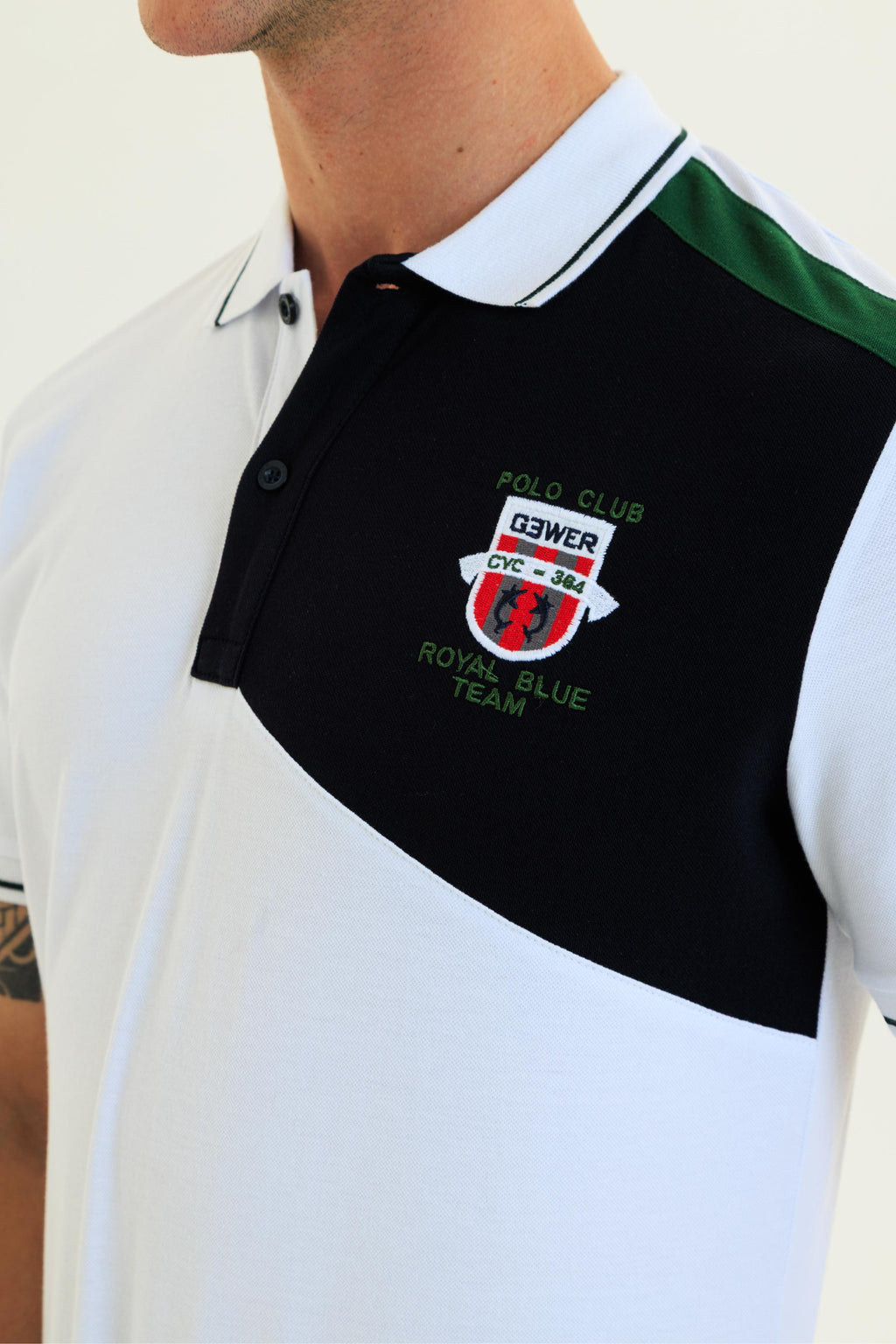 Parçalı nakışlı Polo Yaka Erkek T-Shirt Pamuklu Beyaz - Slim Fit & Pike Dokuma