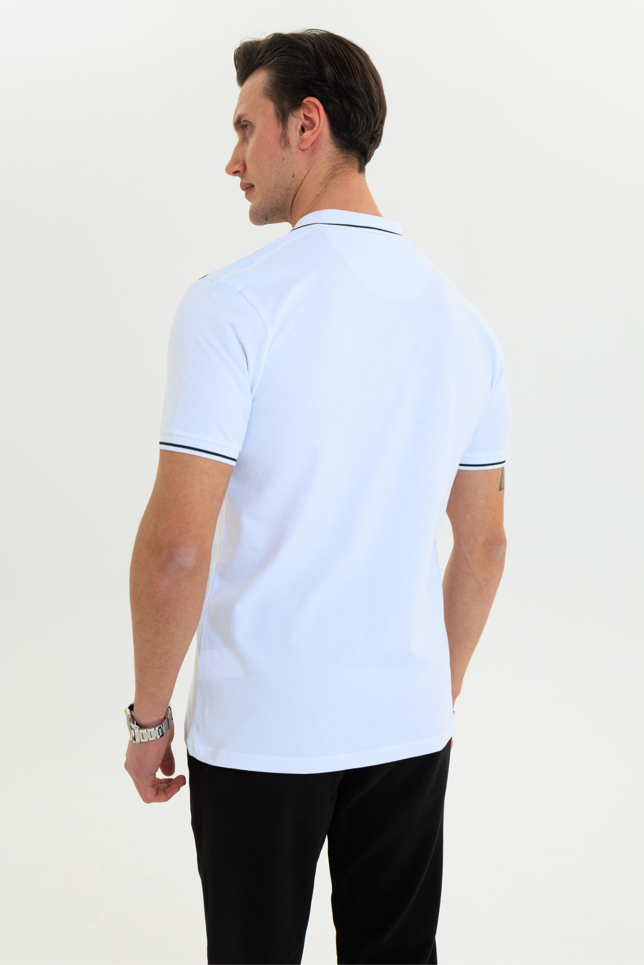Parçalı nakışlı Polo Yaka Erkek T-Shirt Pamuklu Beyaz - Slim Fit & Pike Dokuma