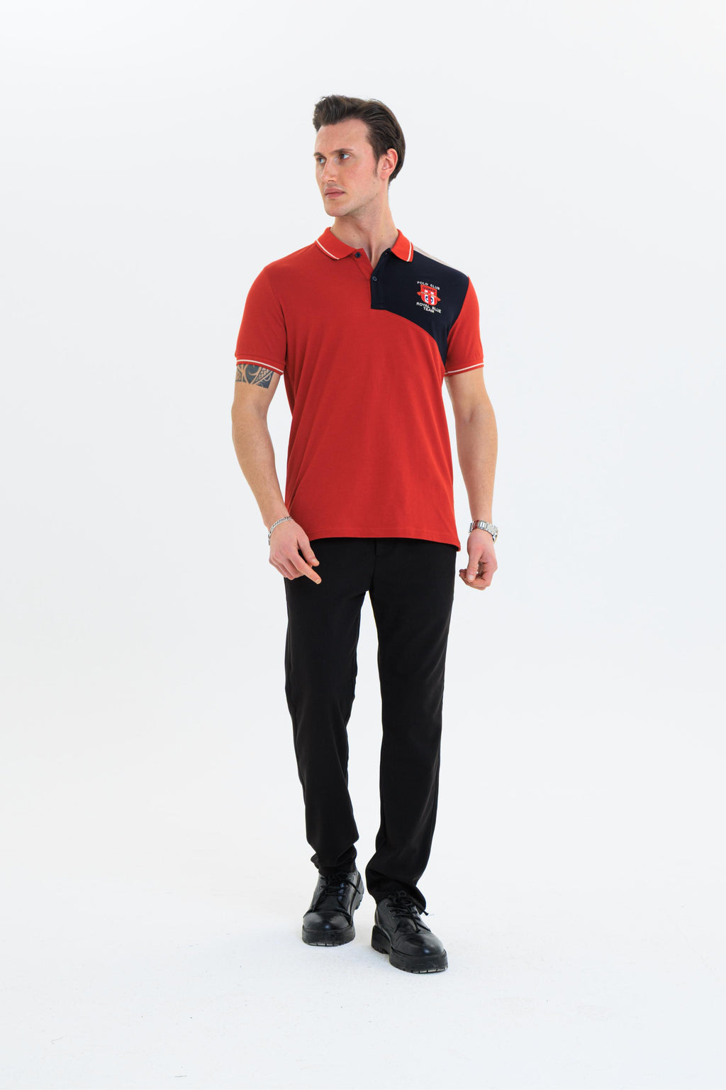 Parçalı nakışlı Polo Yaka Erkek T-Shirt Pamuklu Kiremit - Slim Fit & Pike Dokuma