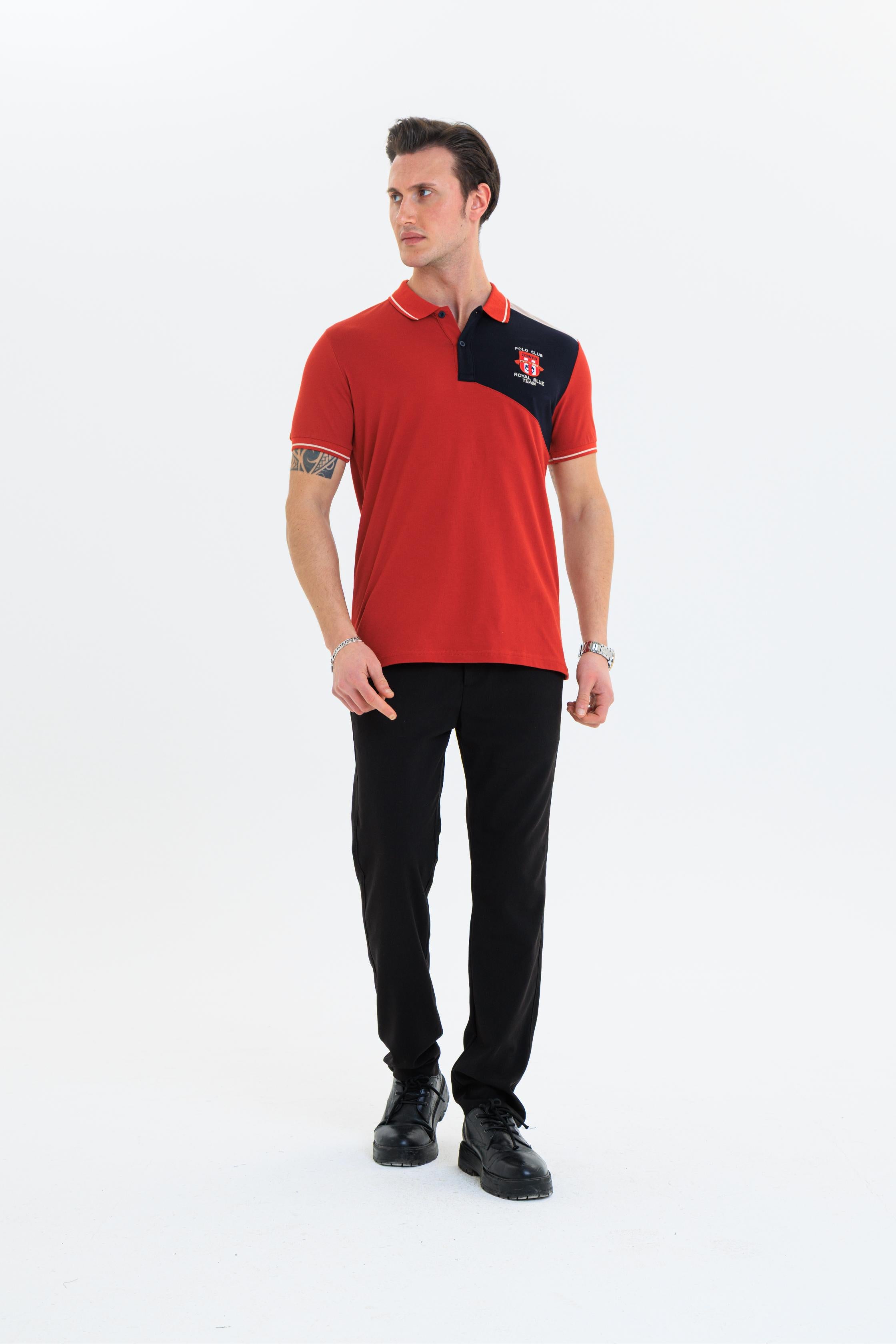 Parçalı nakışlı Polo Yaka Erkek T-Shirt Pamuklu Kiremit - Slim Fit & Pike Dokuma