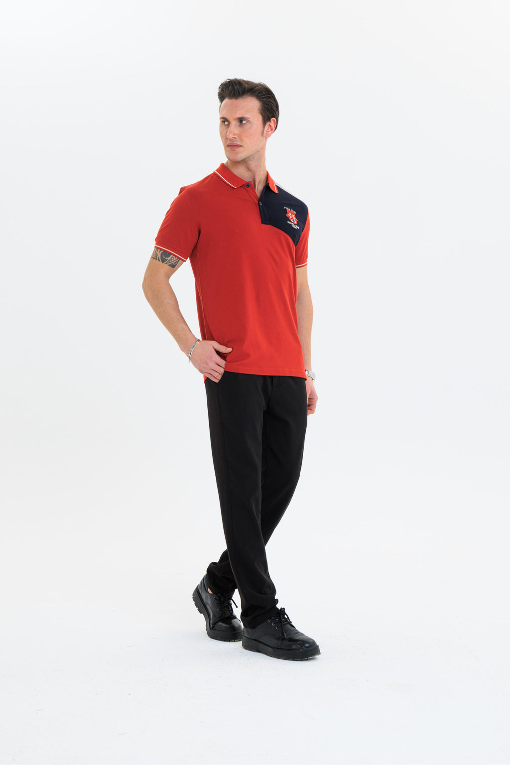 Parçalı nakışlı Polo Yaka Erkek T-Shirt Pamuklu Kiremit - Slim Fit & Pike Dokuma