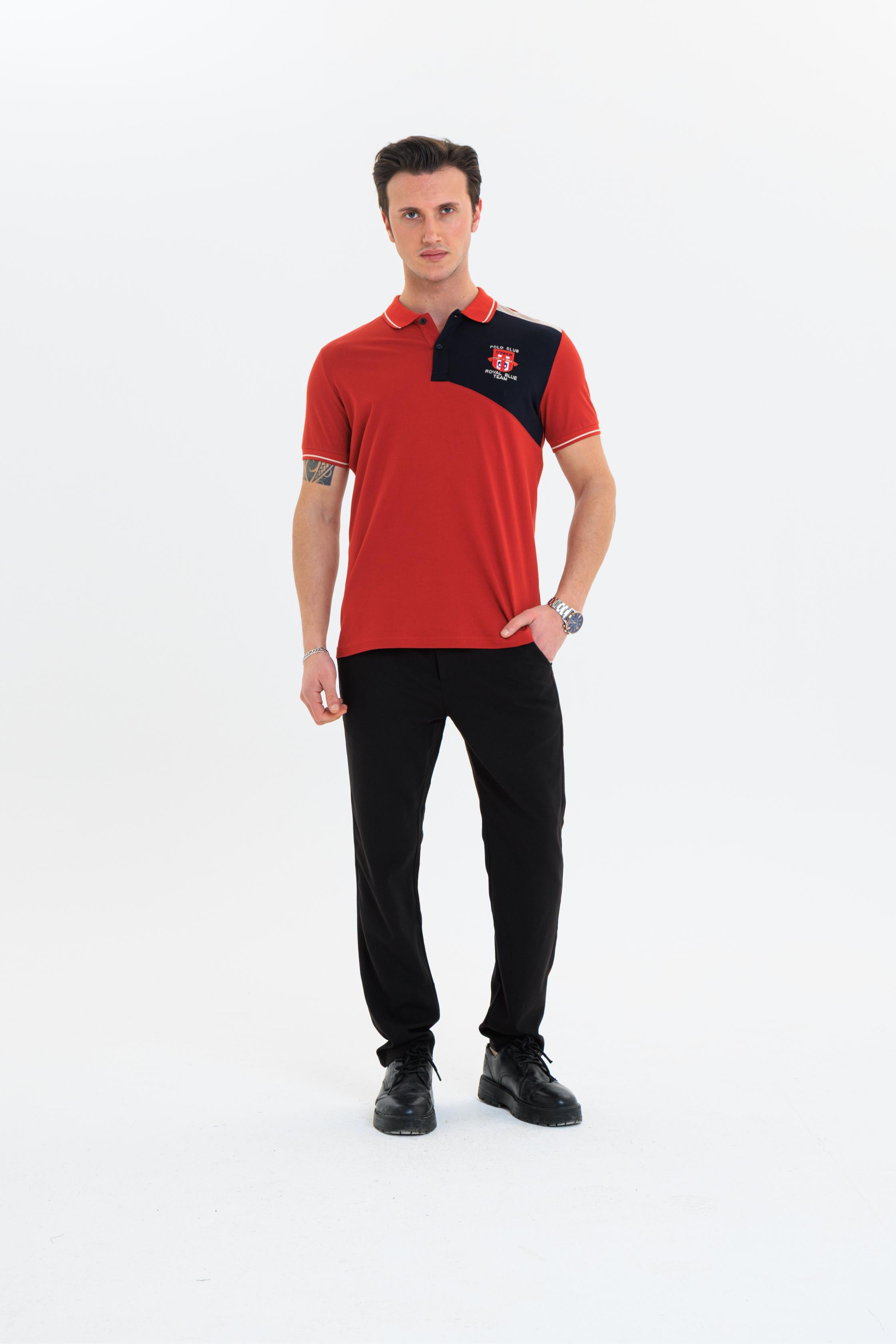 Parçalı nakışlı Polo Yaka Erkek T-Shirt Pamuklu Kiremit - Slim Fit & Pike Dokuma